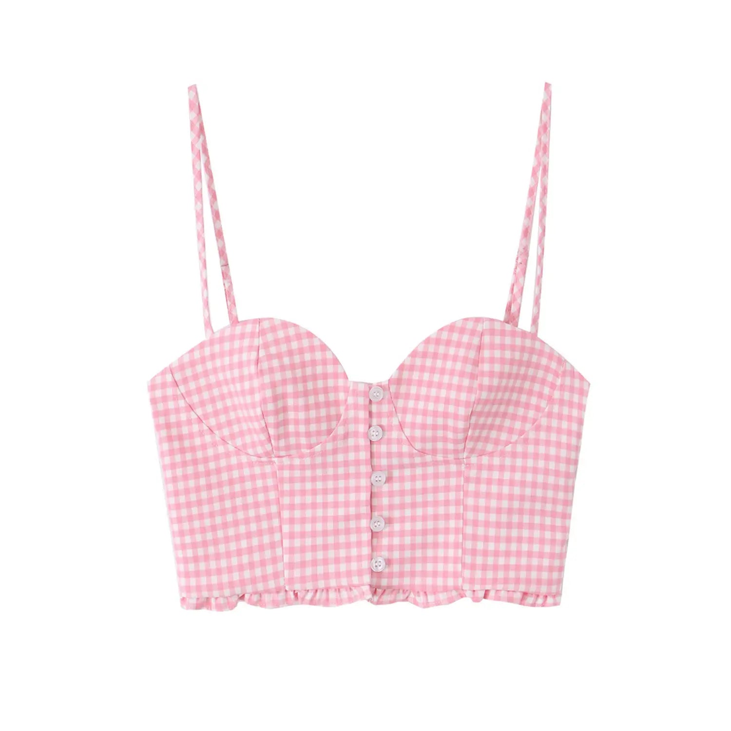 Full front view on white background of the pink and white gingham corset crop cami top