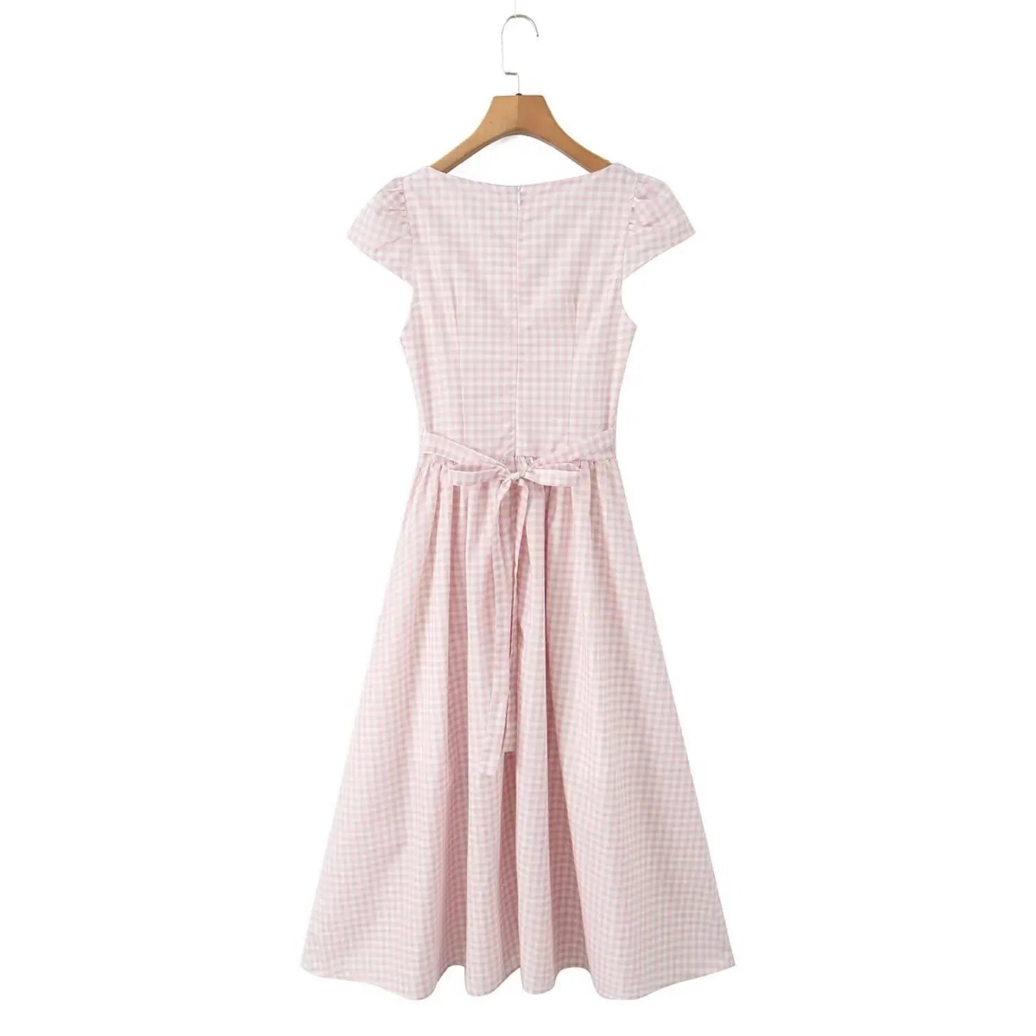 Full hanging back view pink gingham midi dress self‑tie waist bow wooden hanger