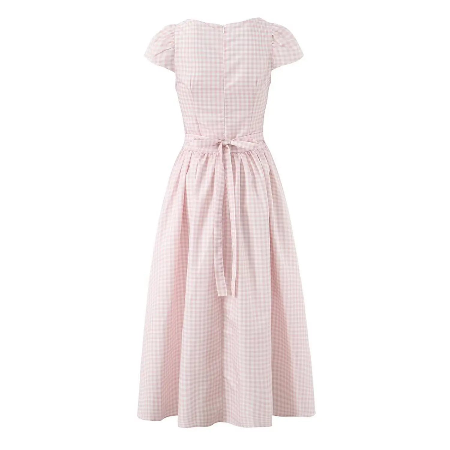 Studio back view pink gingham midi dress waist self tie bow closure back center zipper flowy midi skirt