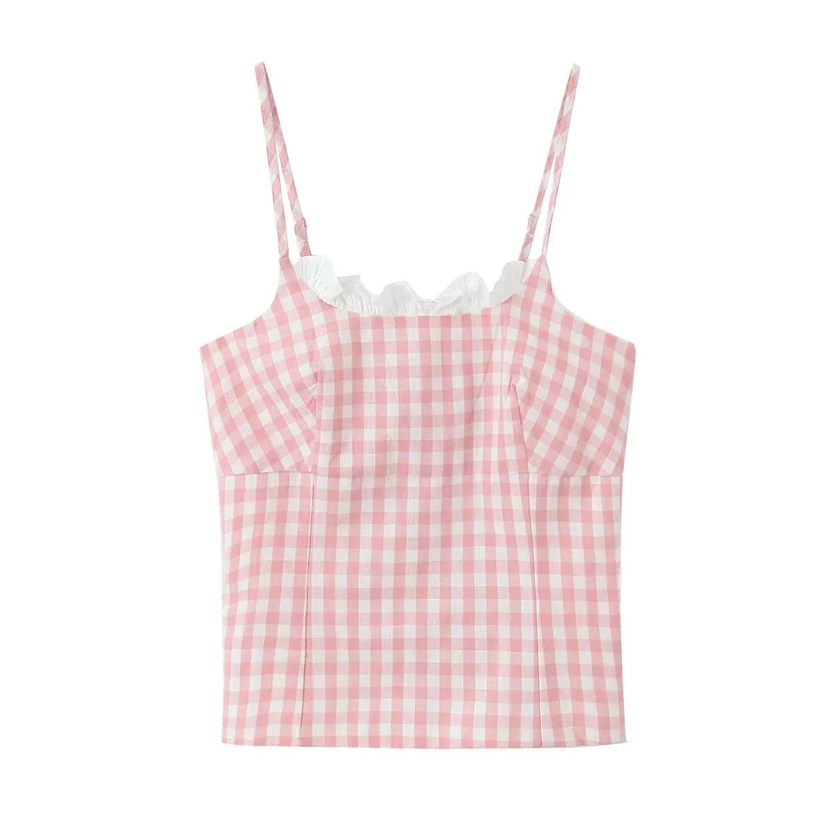 Full front view of the cami top, featuring the ruffled neckline, adjustable straps, and tailored bodice with vertical darts.
