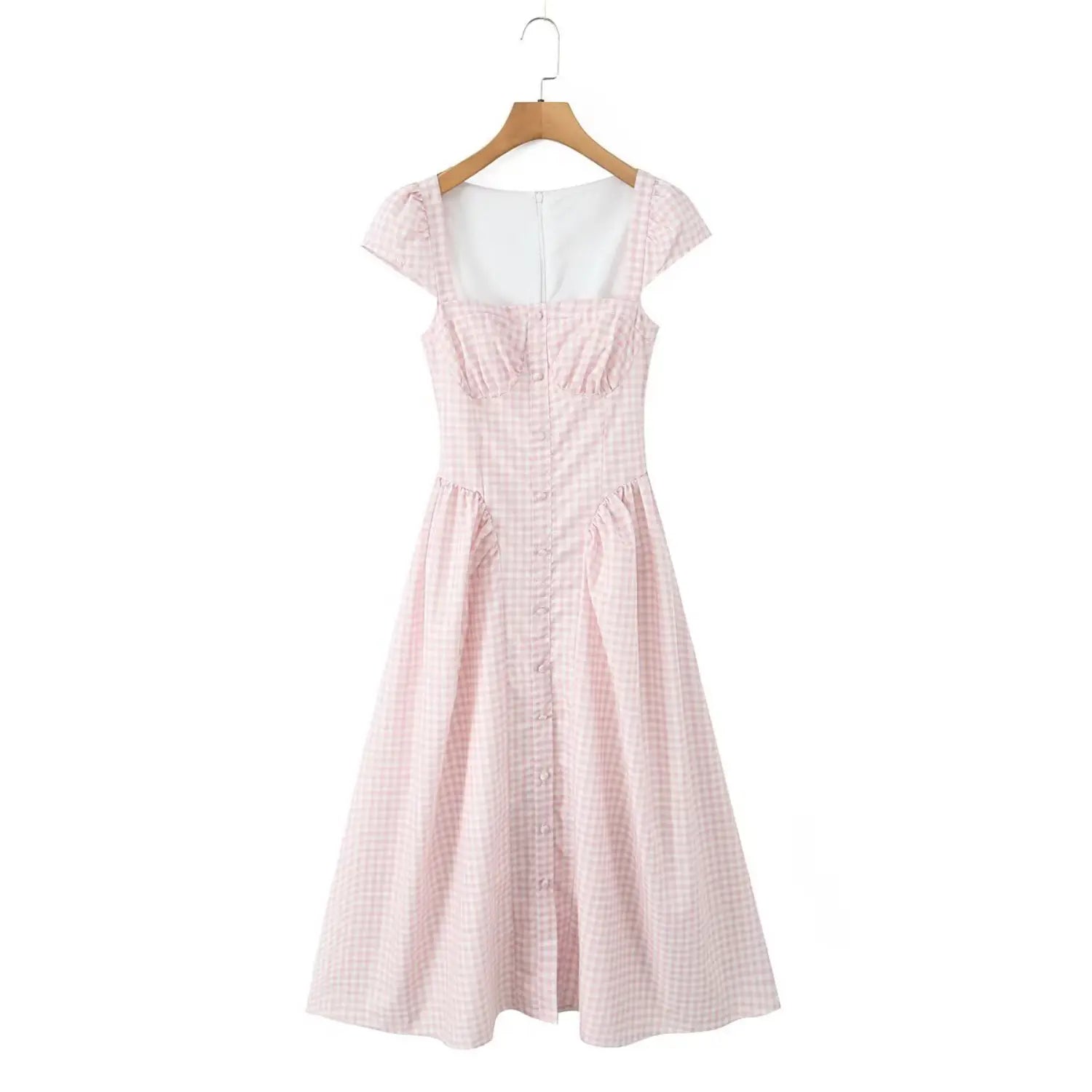 Hanging front shot pink gingham midi dress wooden hanger square neck cap sleeve full length view
