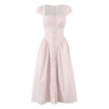 Studio product front view pink gingham midi dress square neck cap sleeve front faux button a‑line skirt