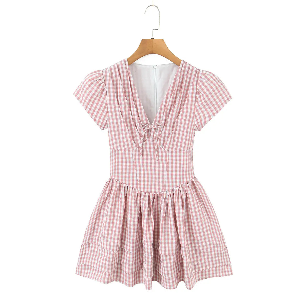 Hanging full front pink gingham mini dress with front tie & puff sleeves