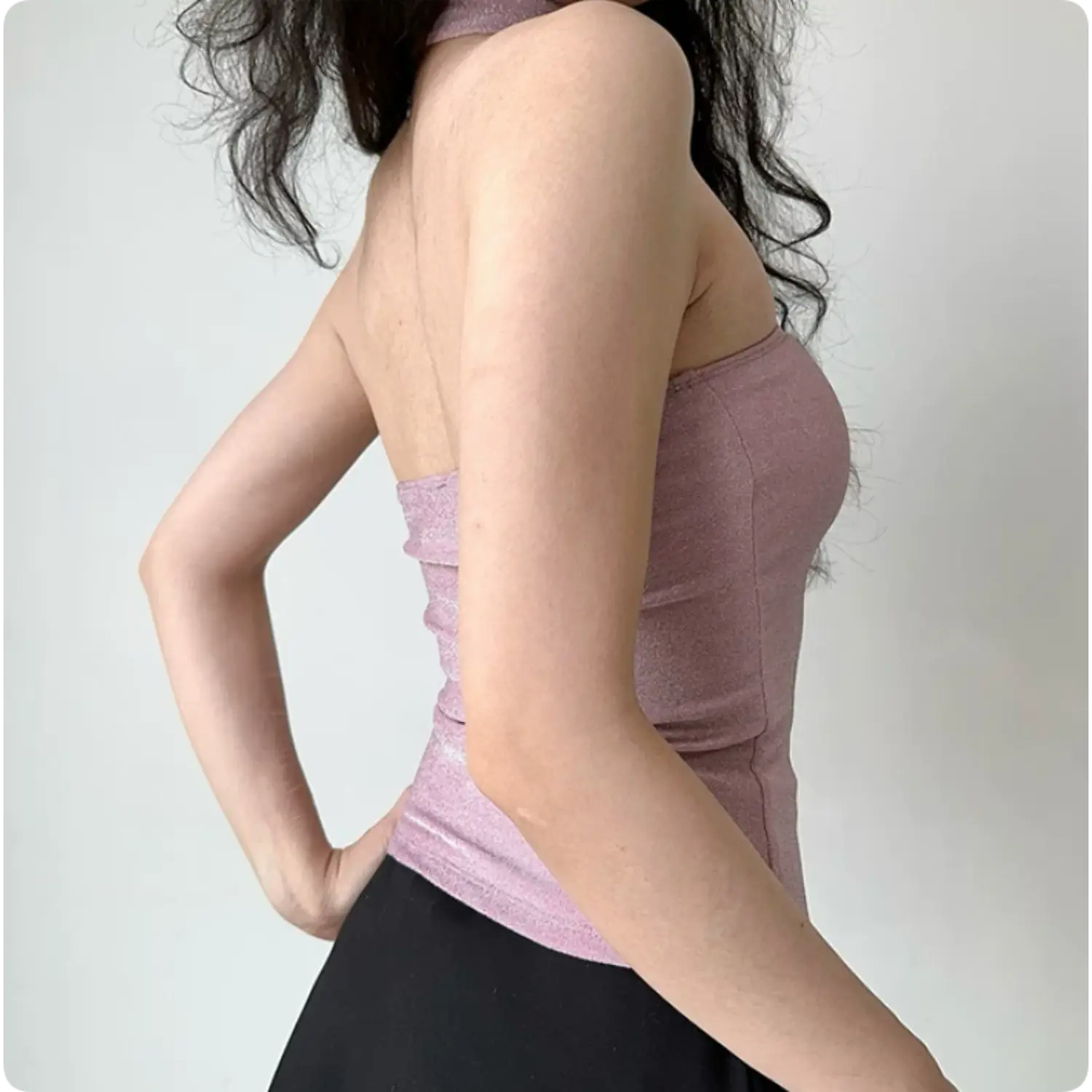 Side back shot dusty pink shimmer tube top, open back slim stretch cropped cami with detachable neck tie scarf