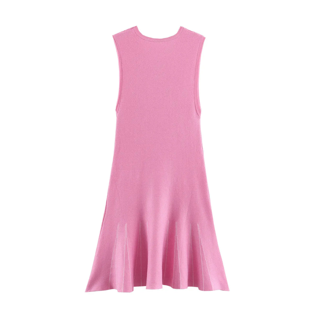 Back flat lay of pink gold button pocket knit sleeveless mini dress