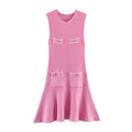 Front flat lay of pink gold button pocket knit sleeveless mini dress