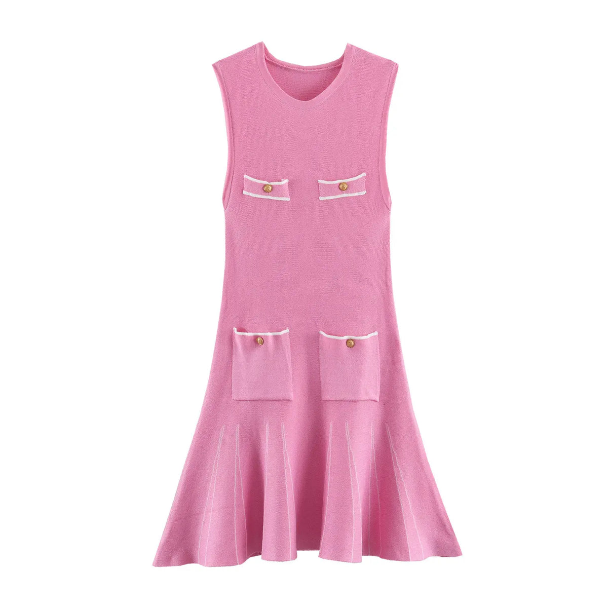 Front flat lay of pink gold button pocket knit sleeveless mini dress