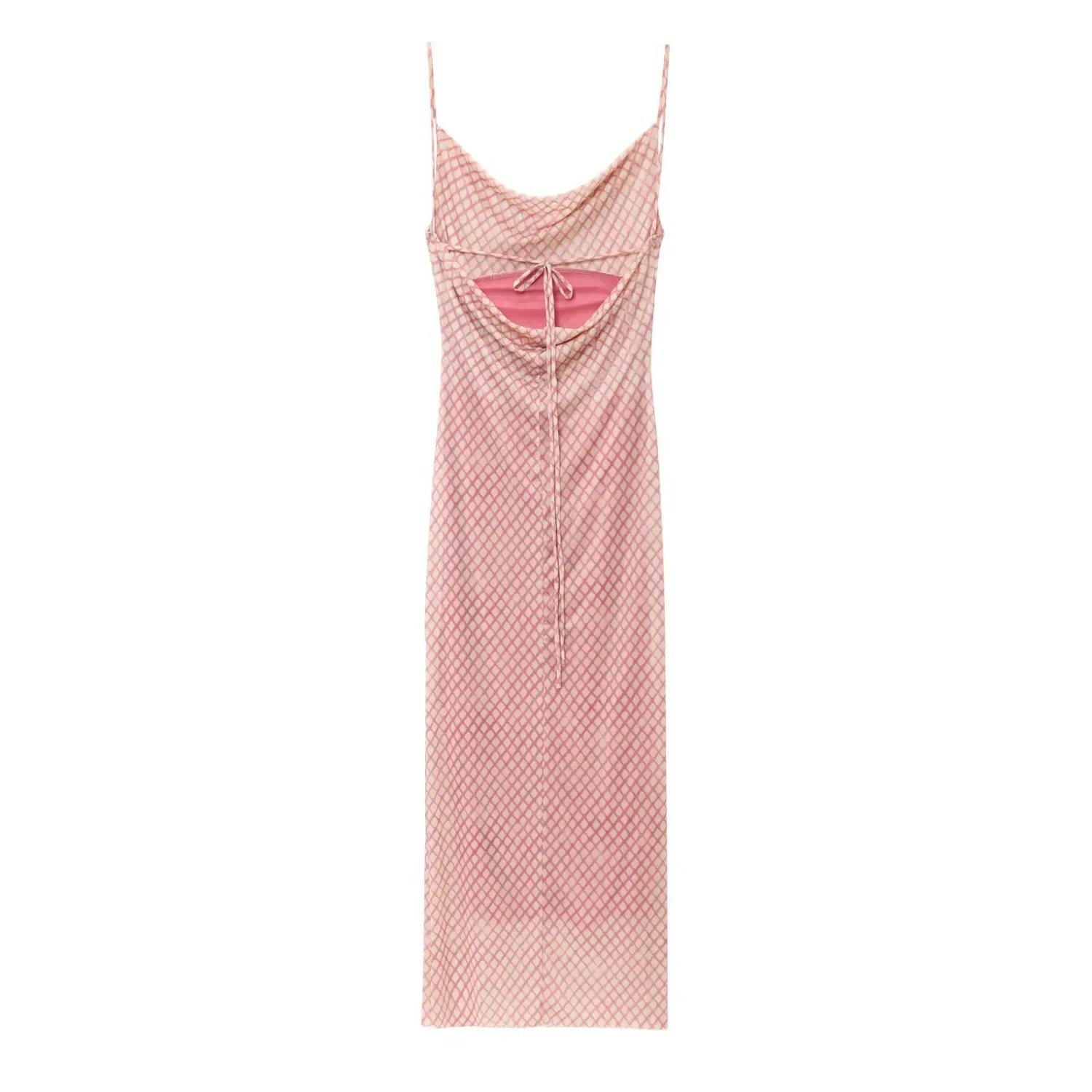 Flat lay full back view pink grid mesh spaghetti strap midi dress on white background