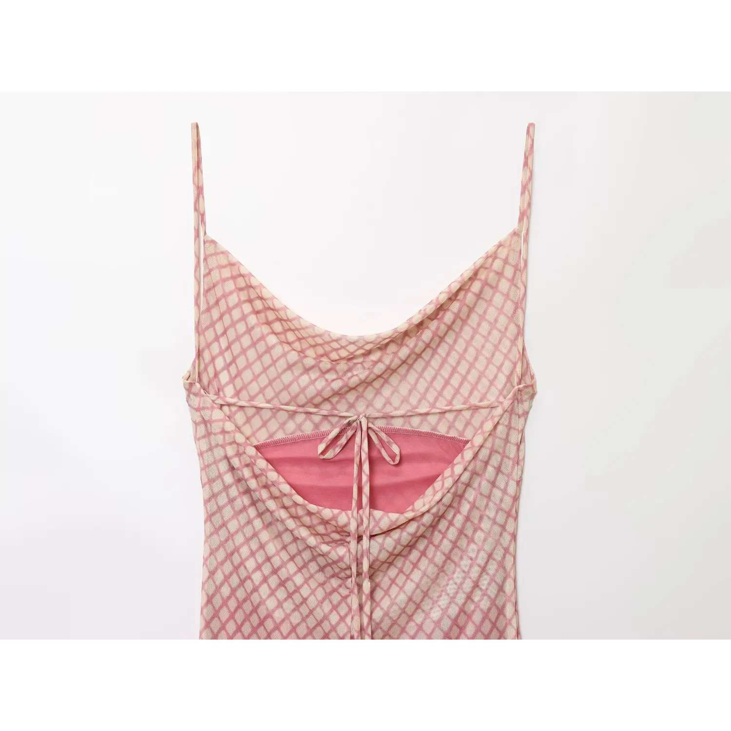 Full back view isolated on white, pink grid mesh slip midi dress with open back tie detail