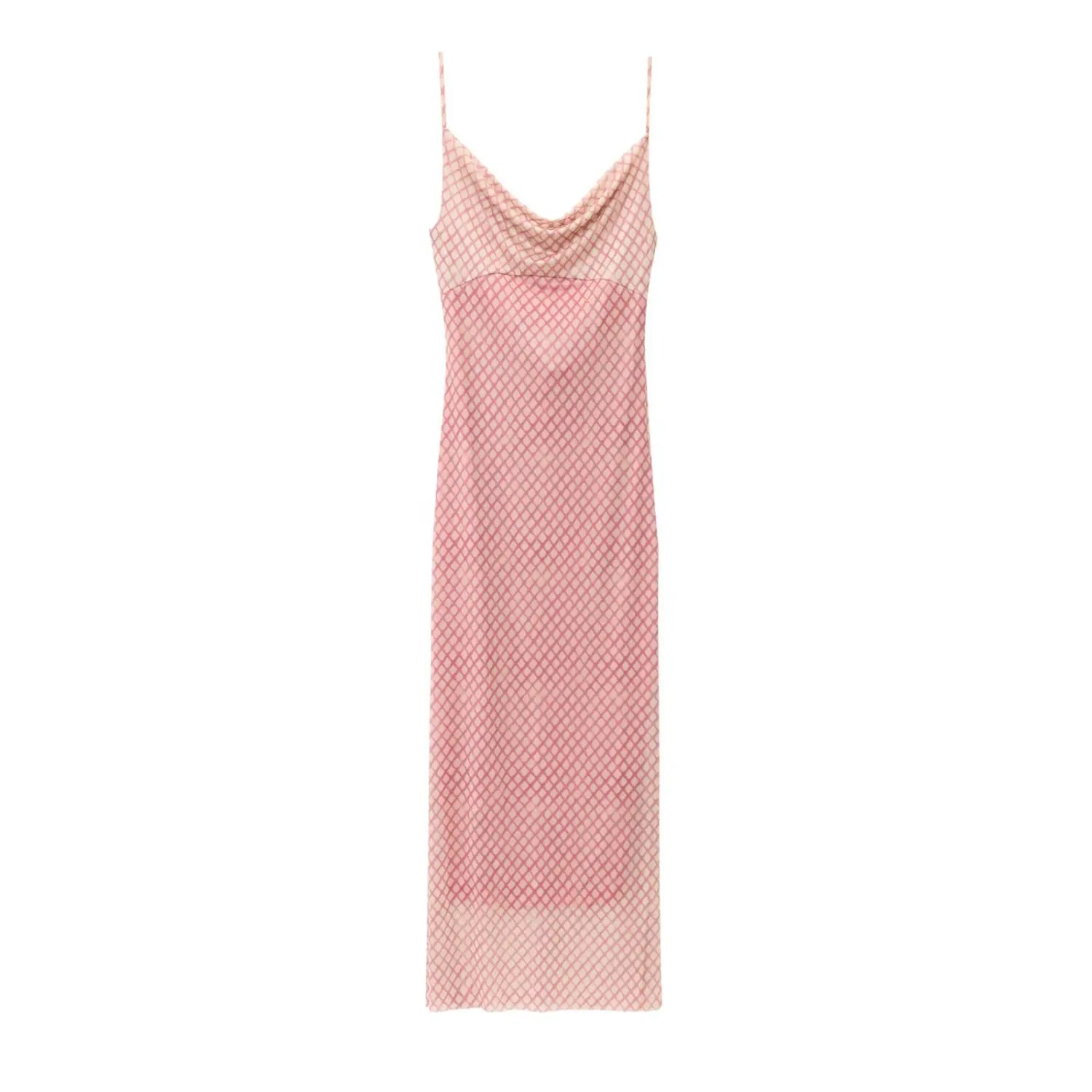 Flat lay full front view pink grid mesh slip midi dress with cowl neck on white background