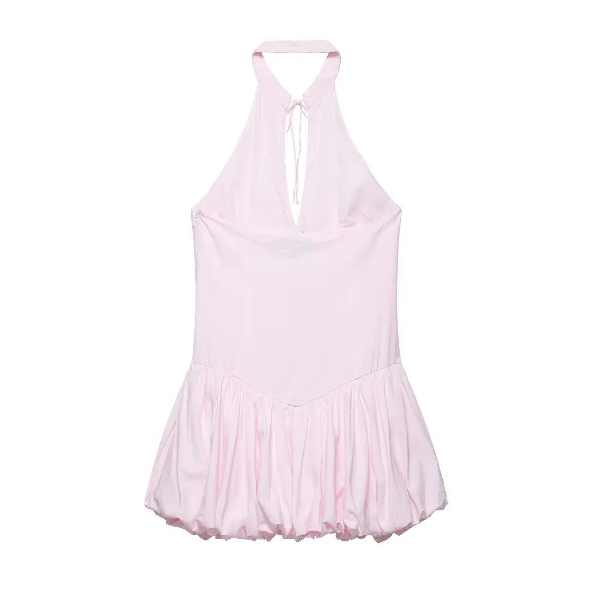 Back view of a pink halter-neck dress with a keyhole tie and gathered bubble hem.