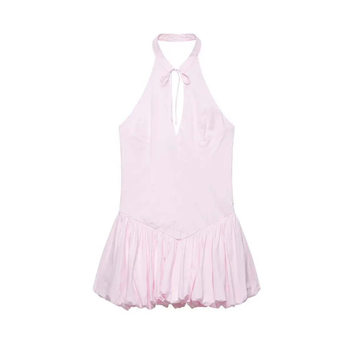 Front view of the dress, showing the deep V-neck and tied halter neckline.