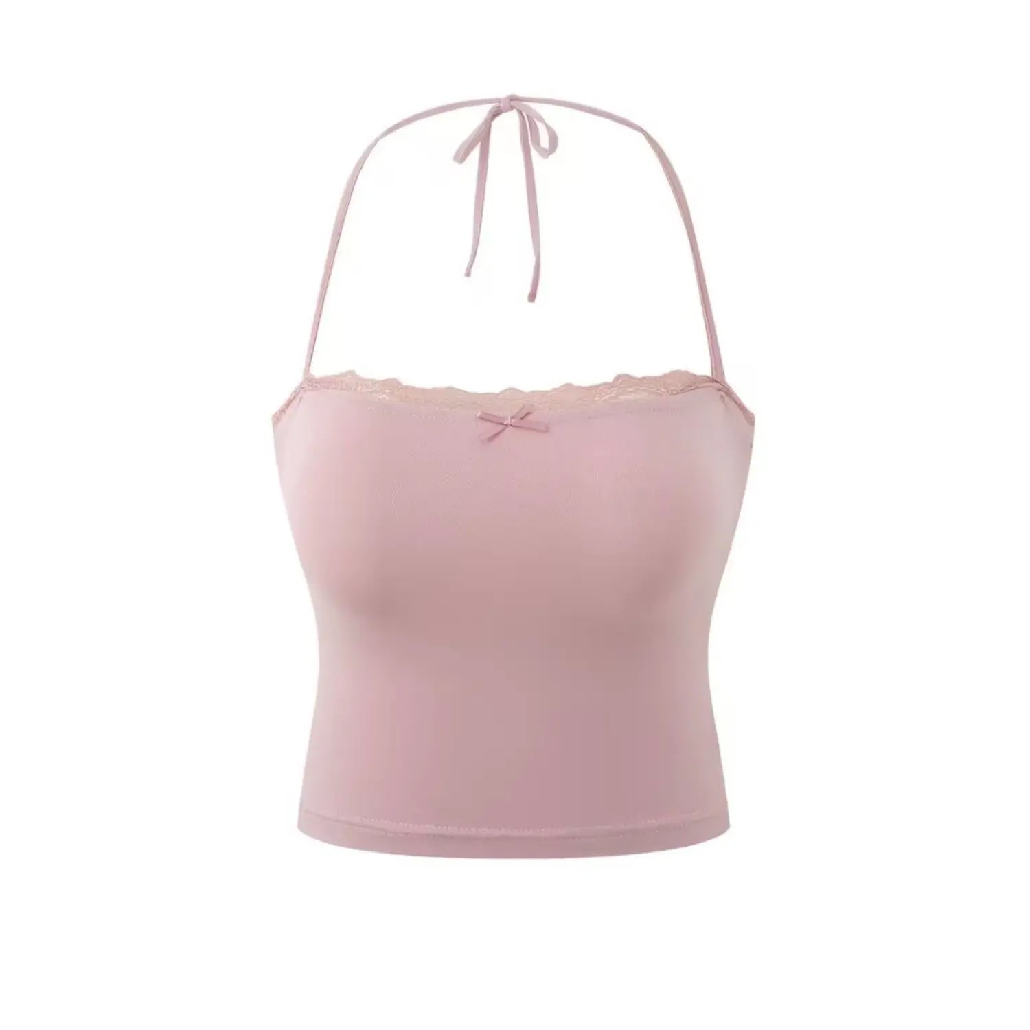 Studio product shot dusty pink halter crop cami top, display halter neck tie‑back straps