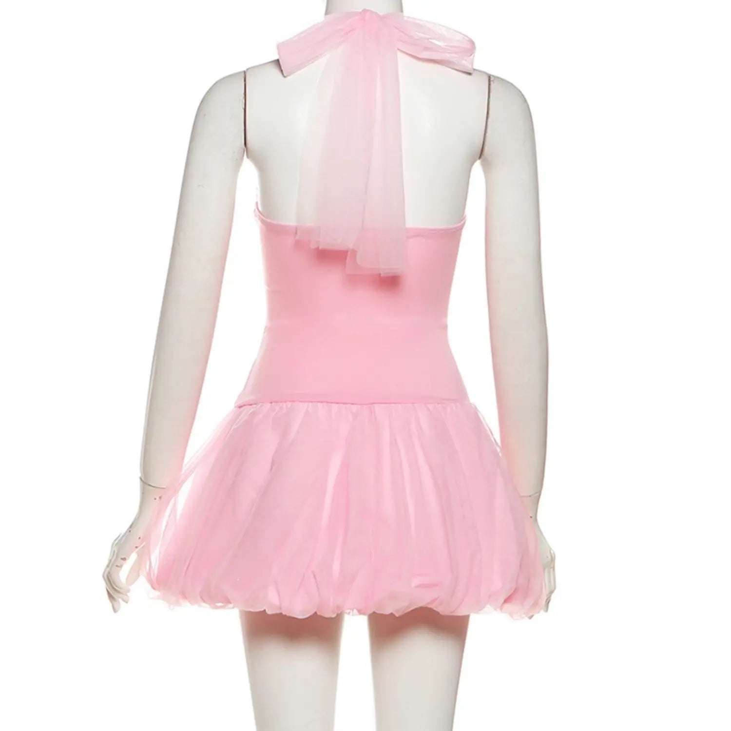 Mannequin back view pink halter mini dress with sheer tulle halter tie bow detail