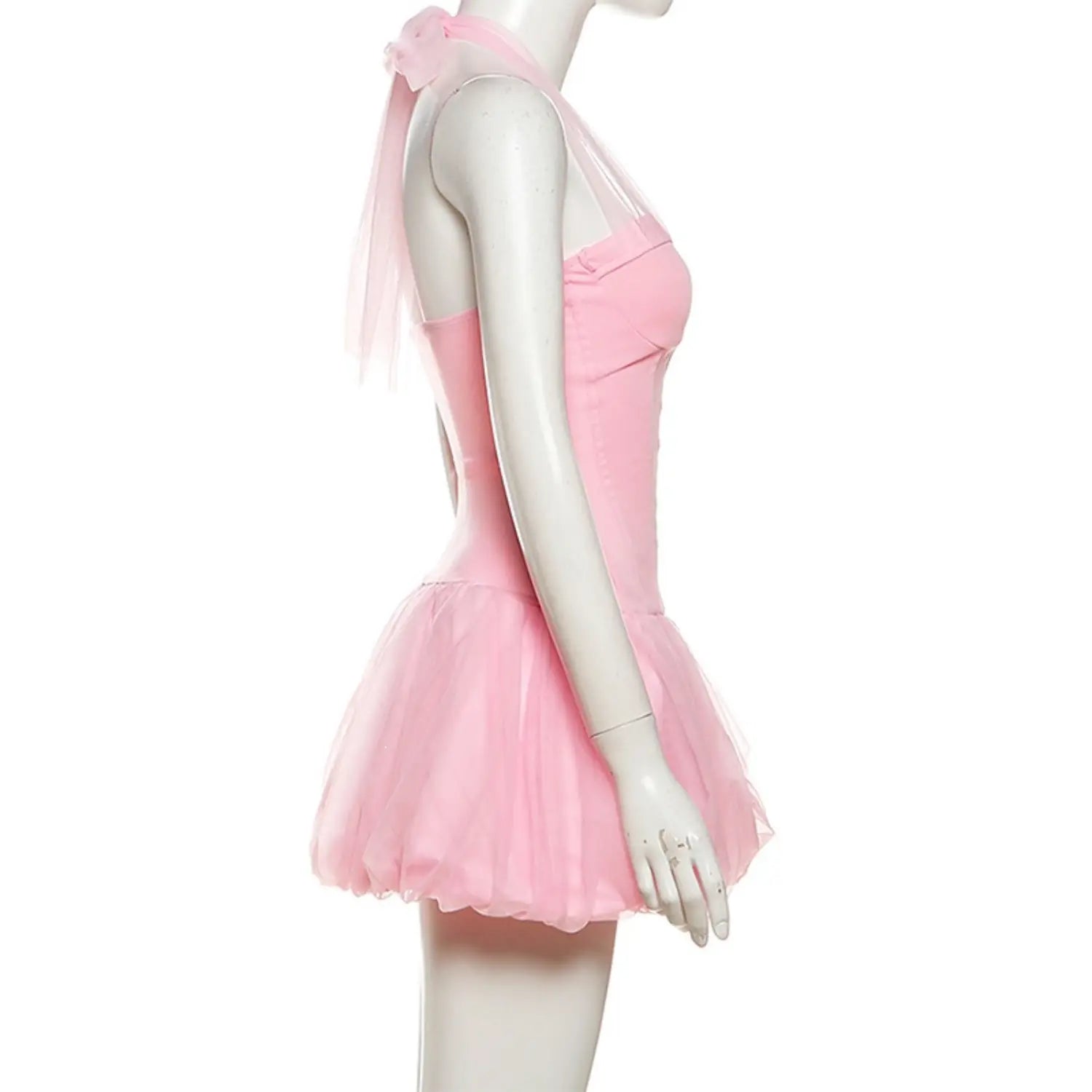 Mannequin side profile pink halter corset mini dress show halter bow and bubble tulle skirt silhouette