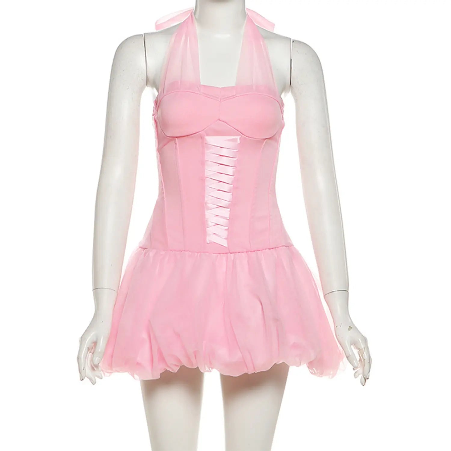 Mannequin front view pink halter corset mini dress with ribbon lace‑up detail and bubble tulle skirt