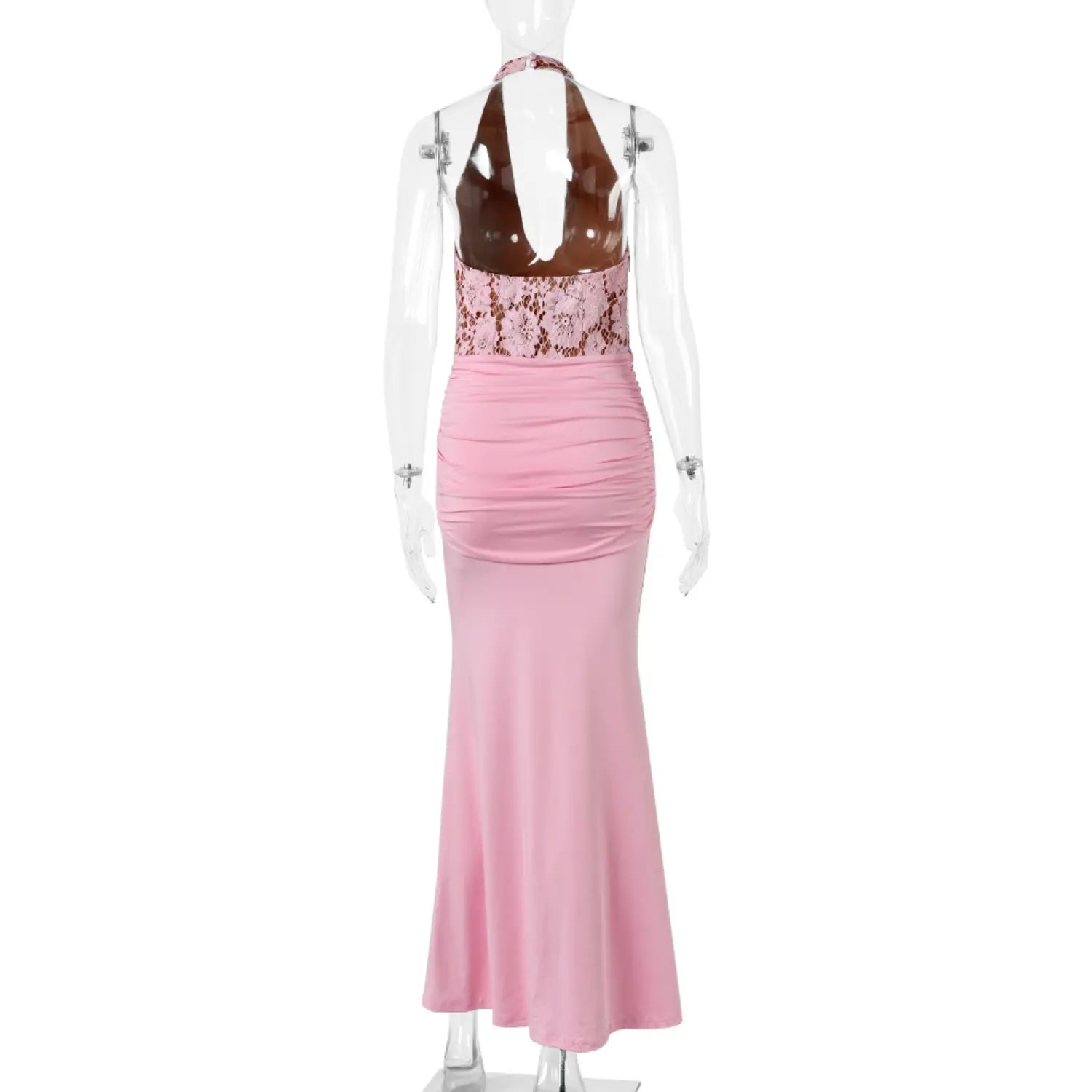 Mannequin back view pink halter lace mermaid maxi dress with open halter back and ruched skirt