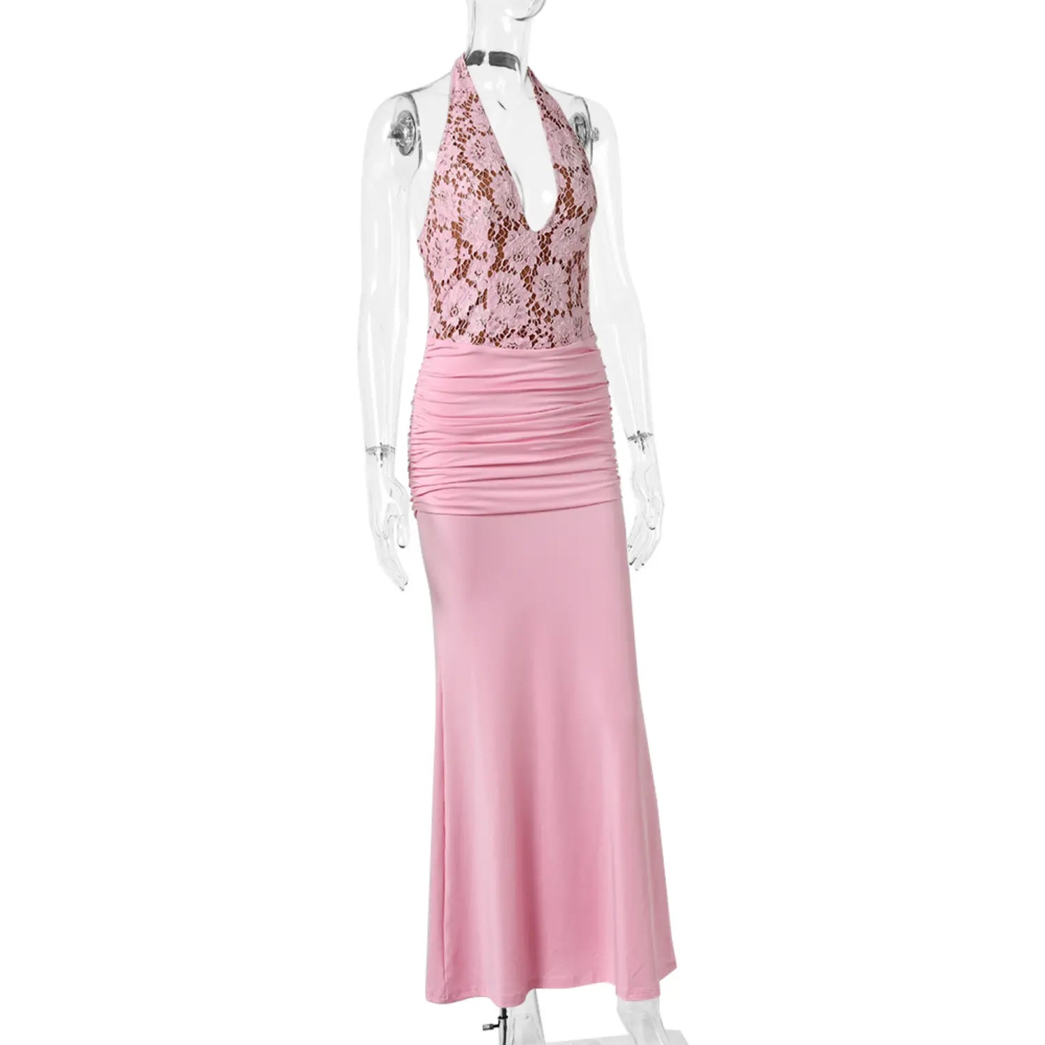 Mannequin three‑quarter shot pink halter lace bodice ruched waist mermaid long dress