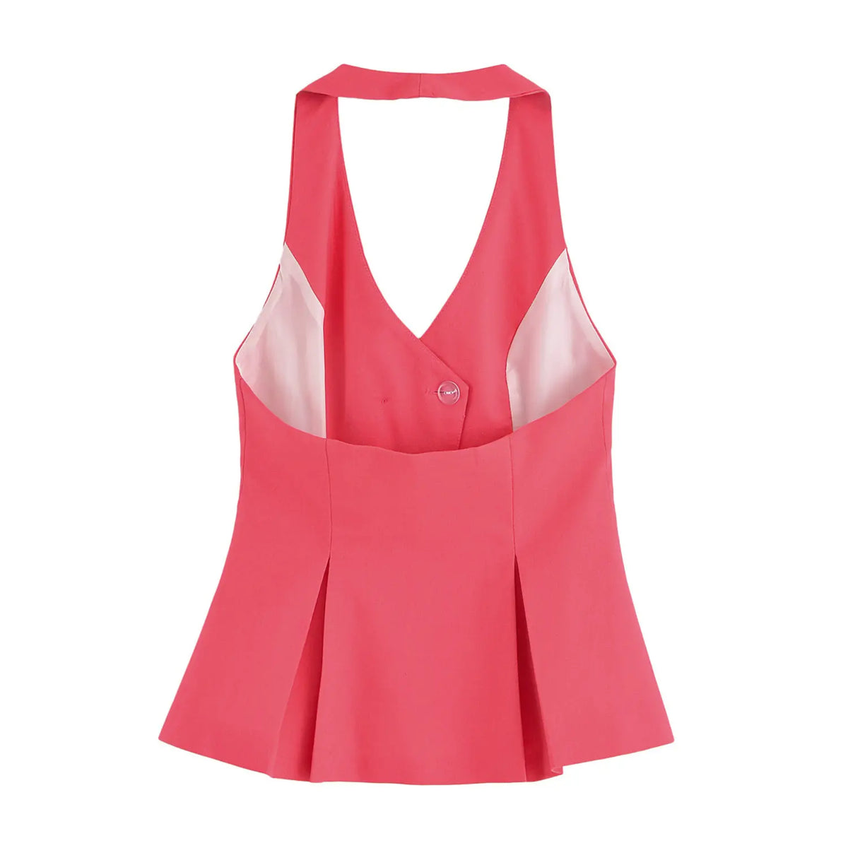 Back flat lay of pink halter neck wrap button peplum waistcoat