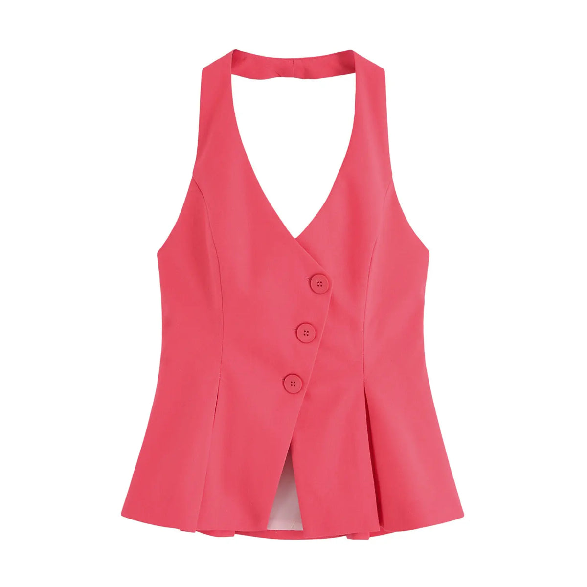 Front flat lay of pink halter neck wrap button peplum waistcoat