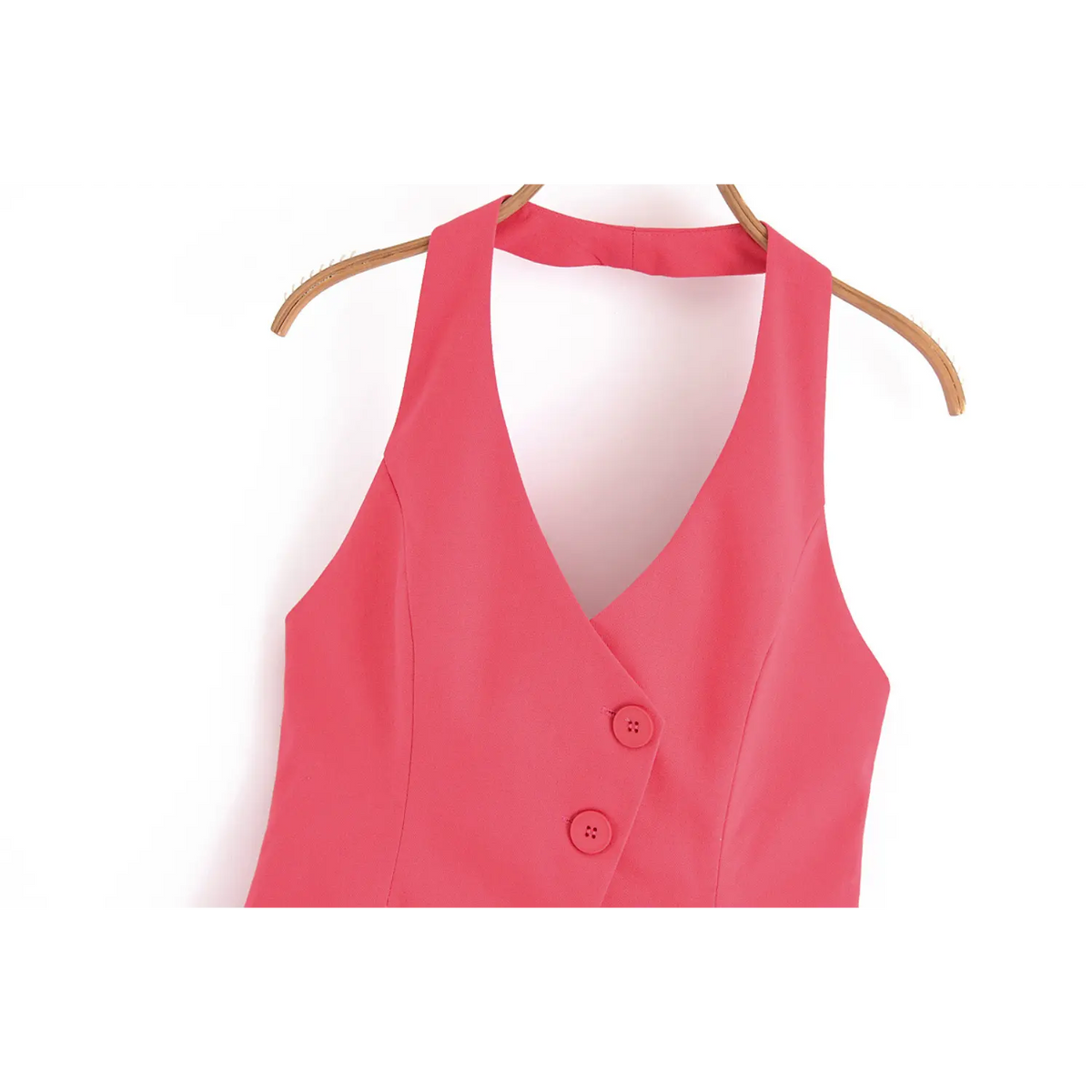 Front view of pink halter neck wrap waistcoat on hanger