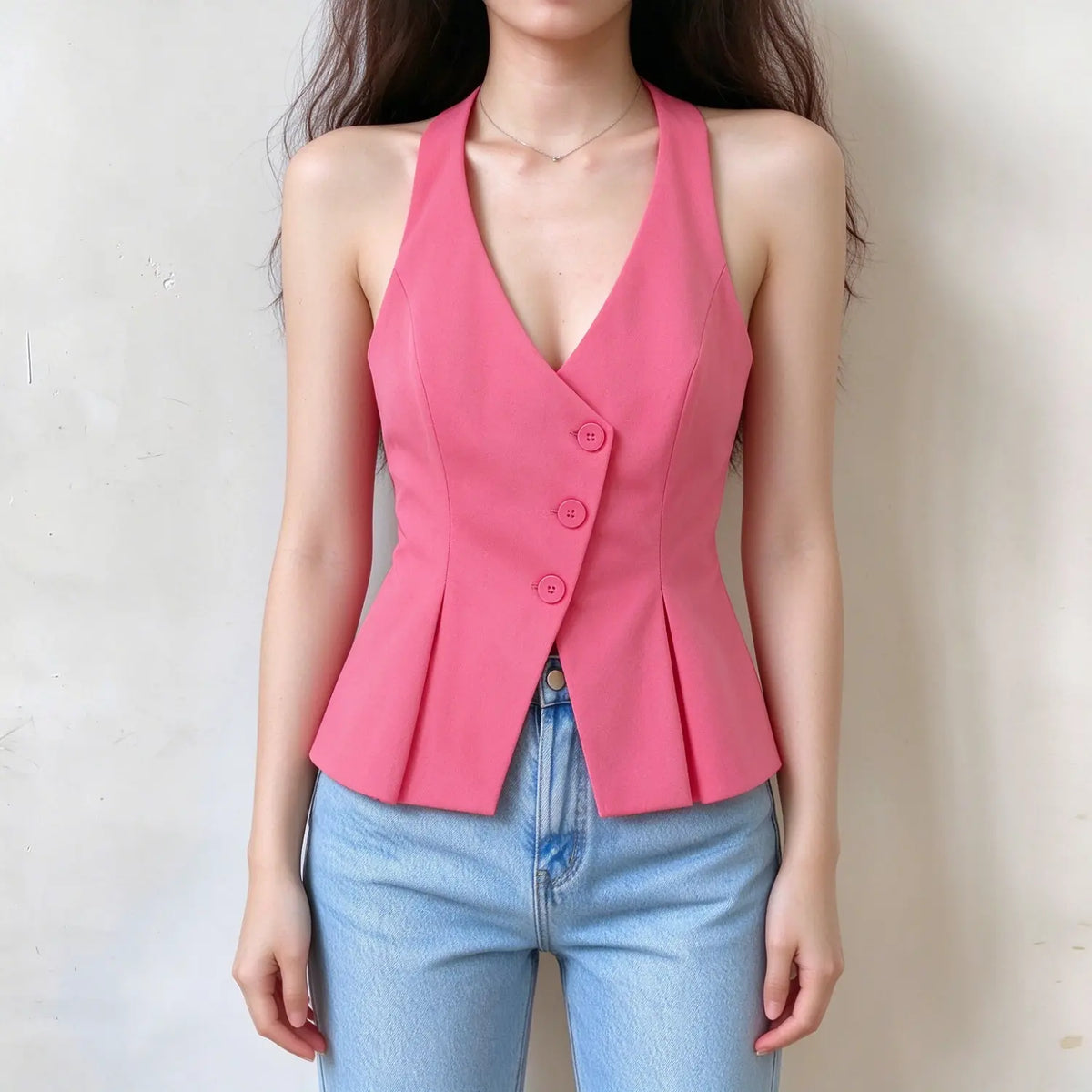 Model wearing pink halter neck wrap button peplum waistcoat with jeans, front view