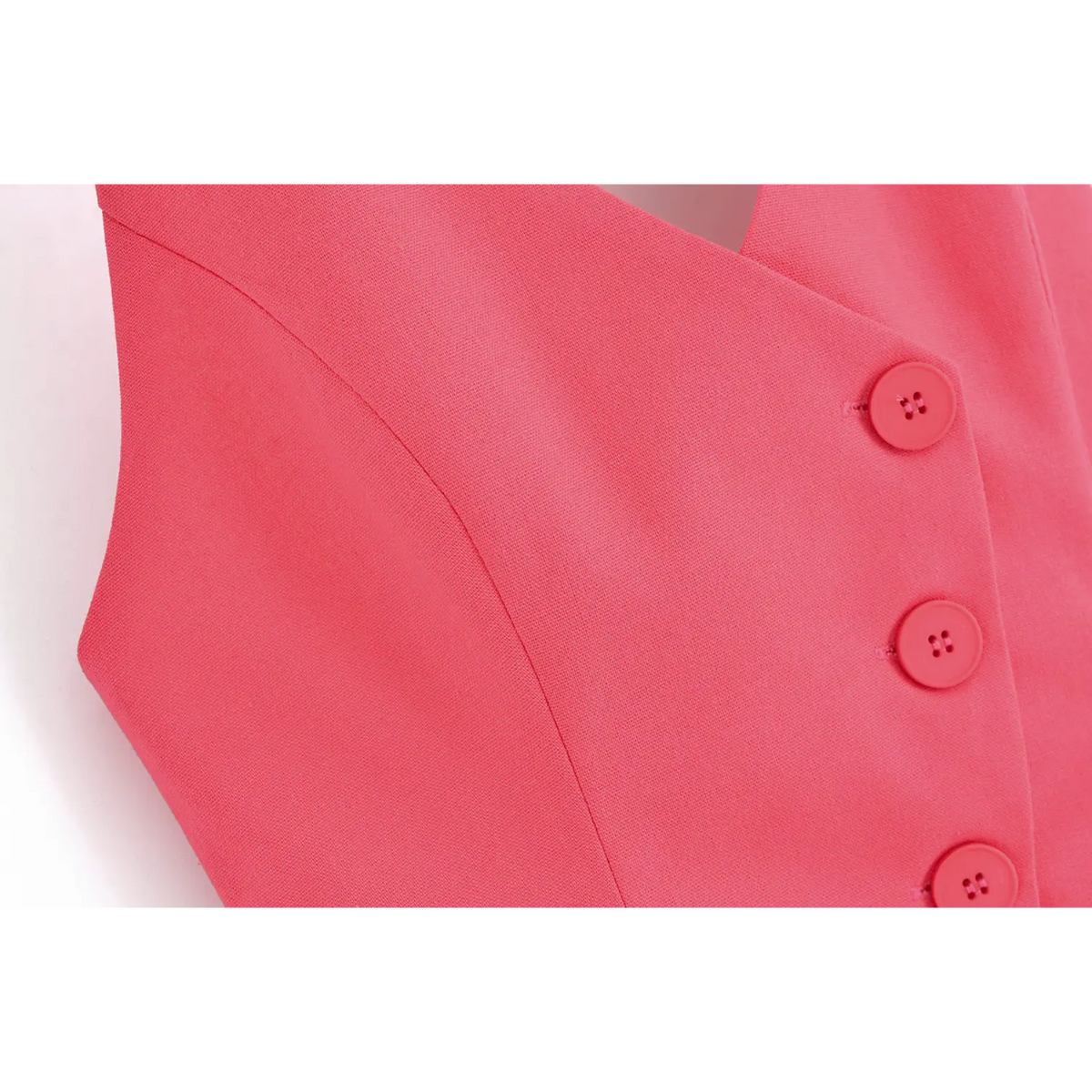 Close-up of wrap front and three buttons
