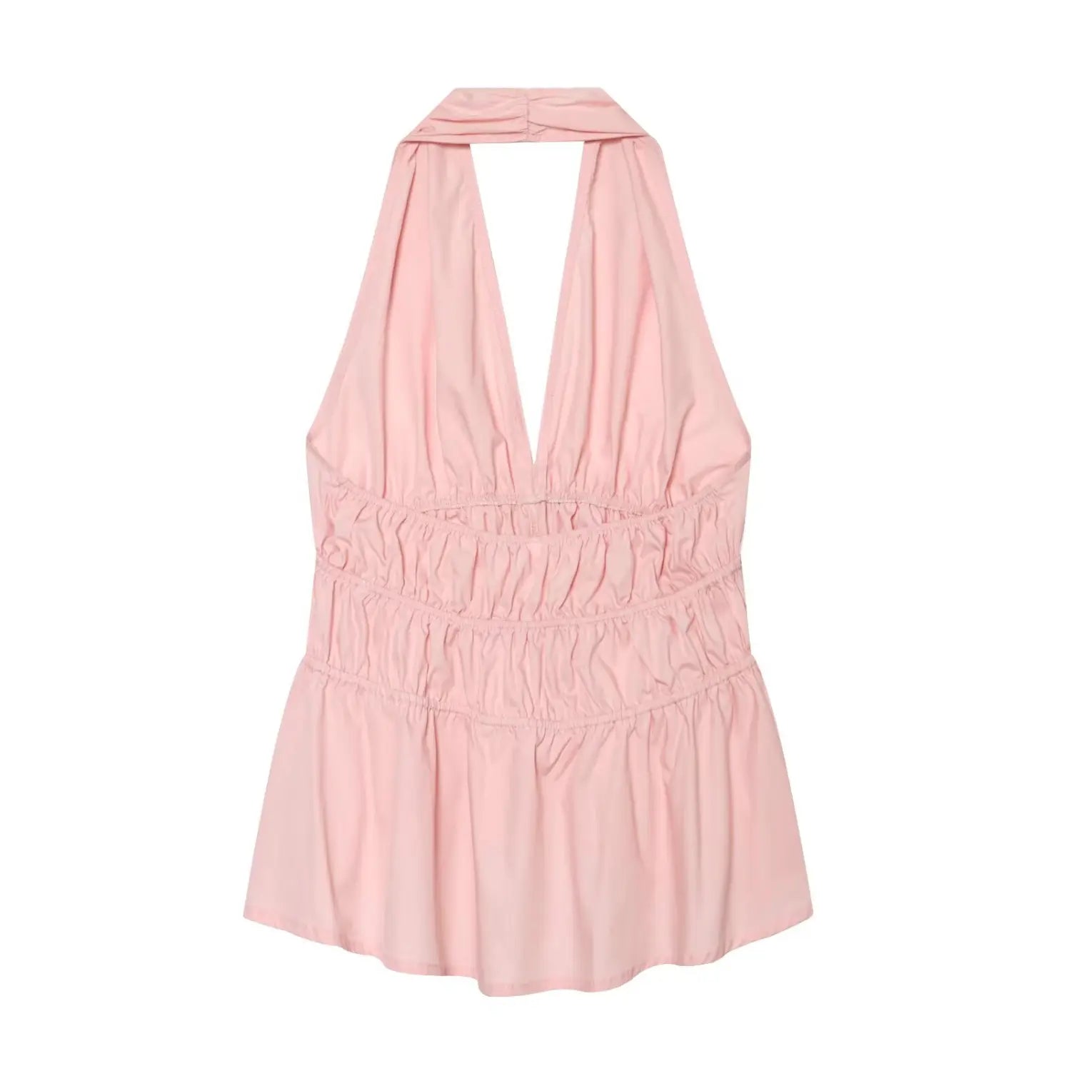 Back flat lay shot of pink halter peplum top, open back cutout, elastic ruched waist panels