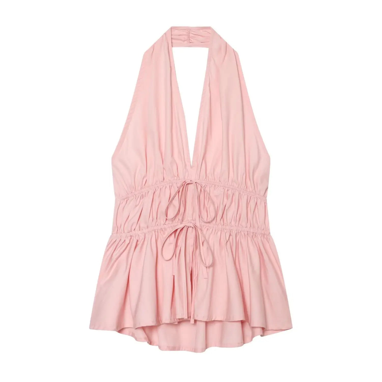 Front flat lay view of pink halter peplum top, deep V neck, double drawstring waist, tiered hem