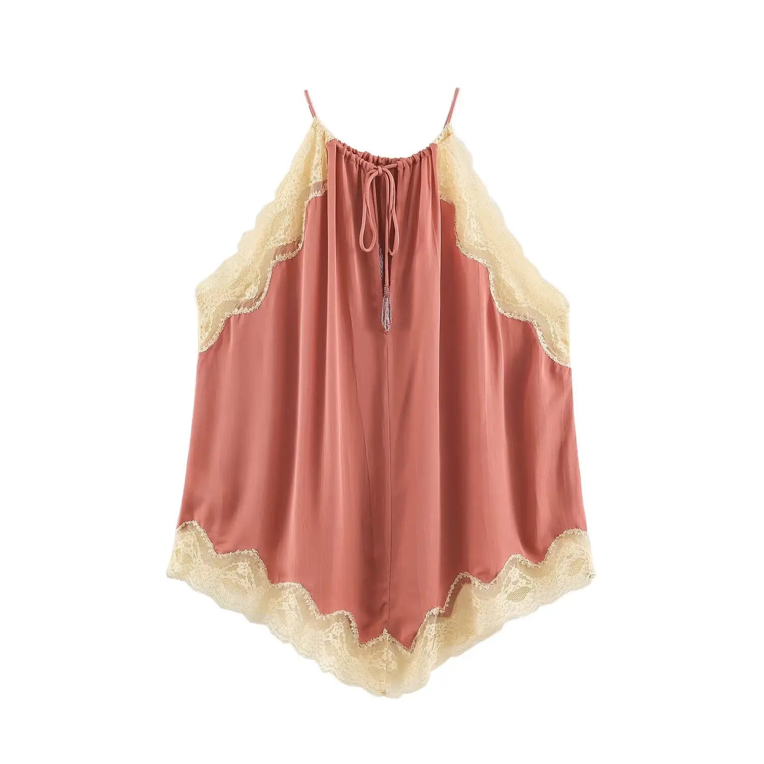Back flat lay halter cami, rear keyhole tie closure, vintage lace edge