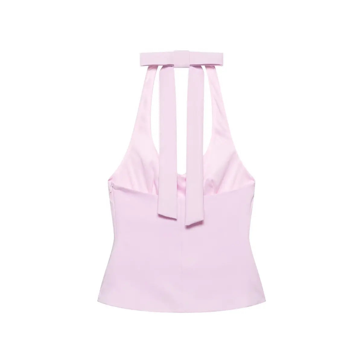 Back view of the top, showing the structured bow at the neck and two long, hanging fabric ties.