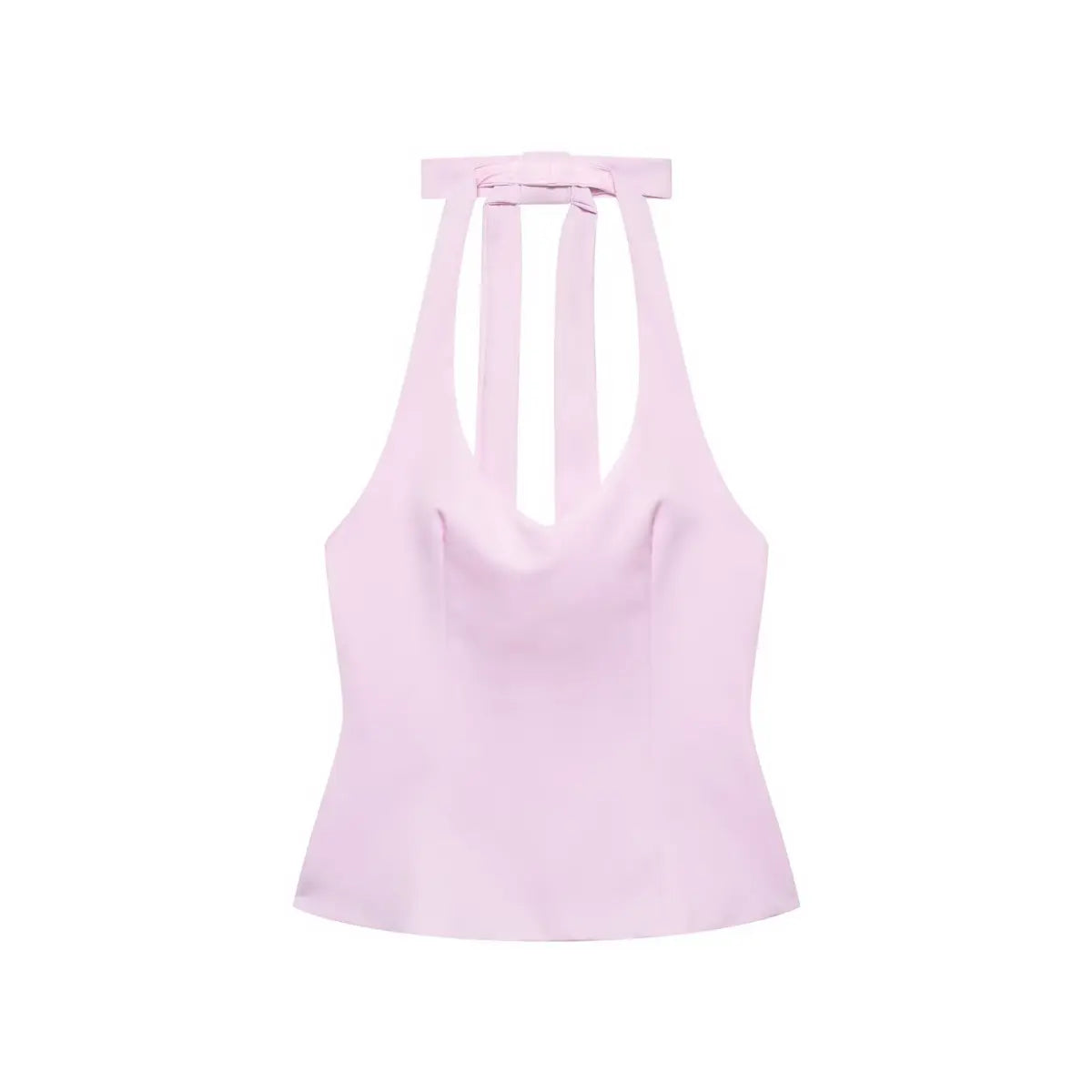 Front view of a light pink halter top with a deep V-neck, fitted silhouette, and large bow detail at the back of the neck.
