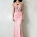 Model full front shot pink halter deep v‑neck lace bodice ruched waist mermaid maxi evening dress
