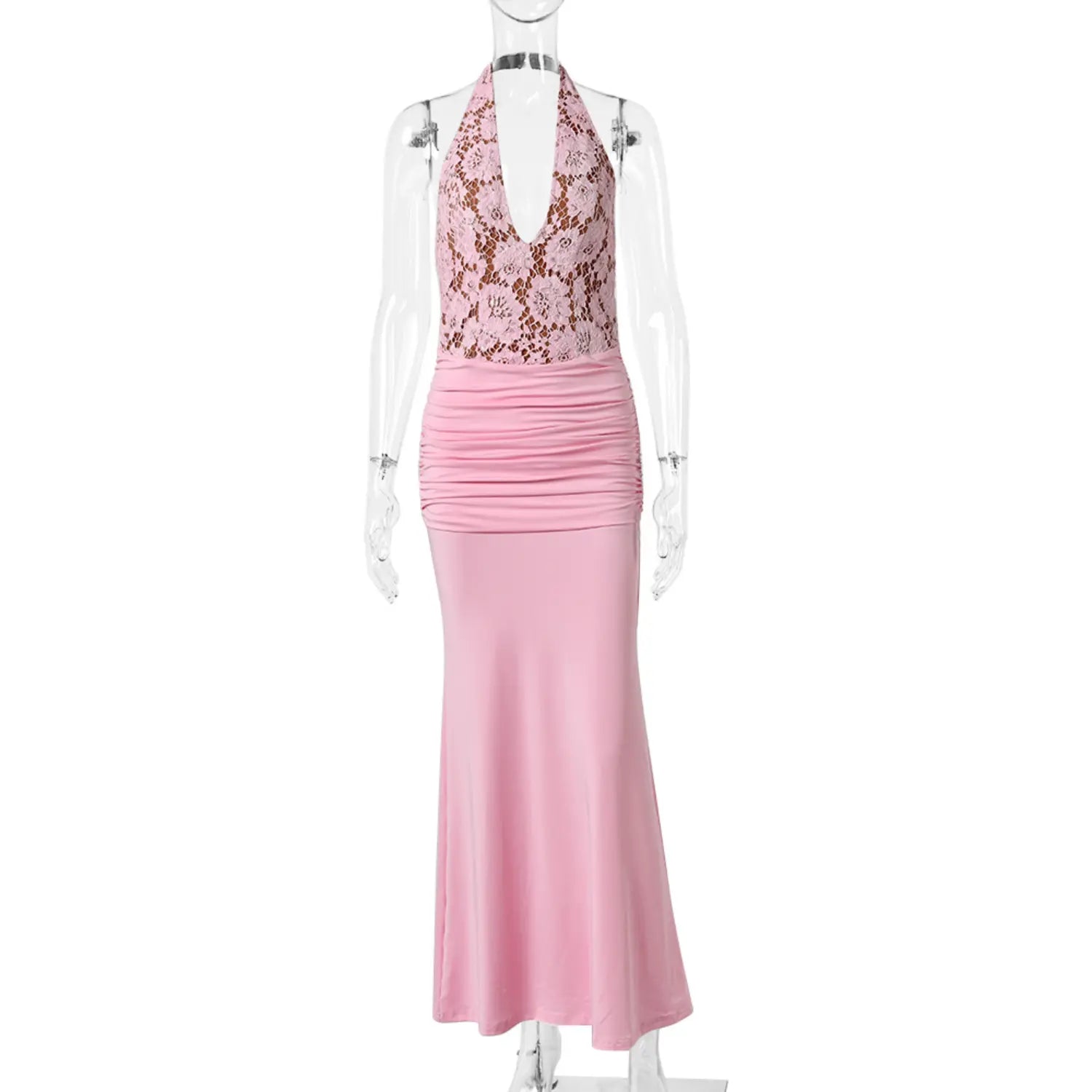 Mannequin front view pink halter deep v‑neck floral lace bodice ruched waist mermaid maxi dress