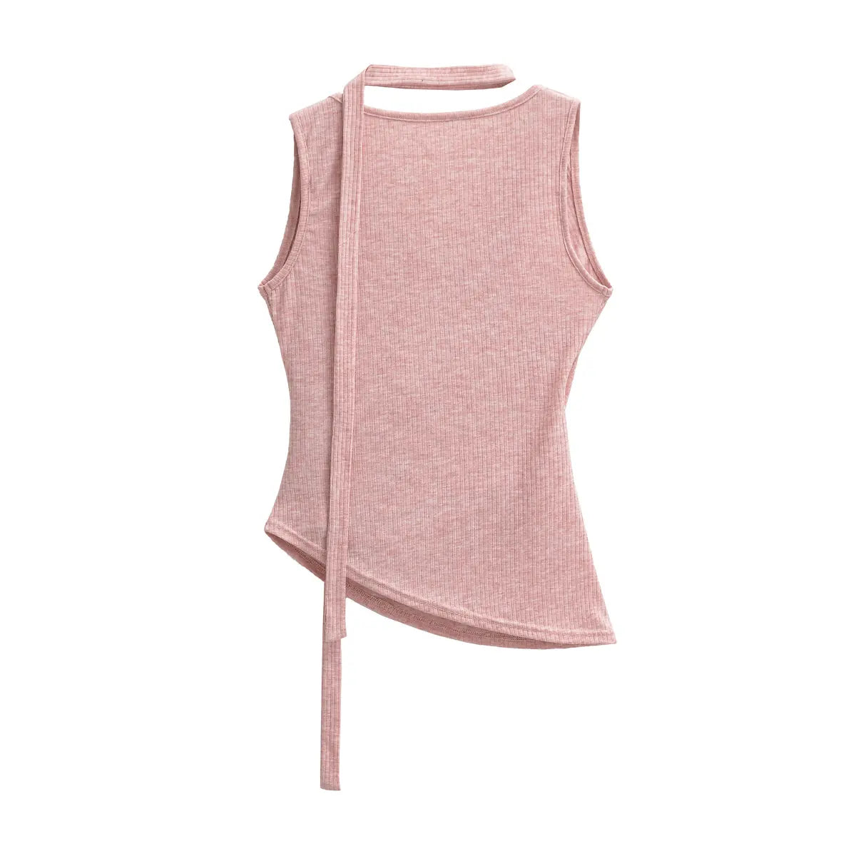 Back view of a pink ribbed halter wrap top, showing the smooth ribbed fabric and choker strap.