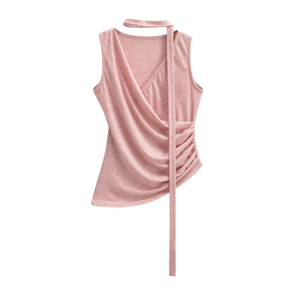 Flat lay view of a pink ribbed halter wrap top, showing the wrap front, choker strap, and side ruching.