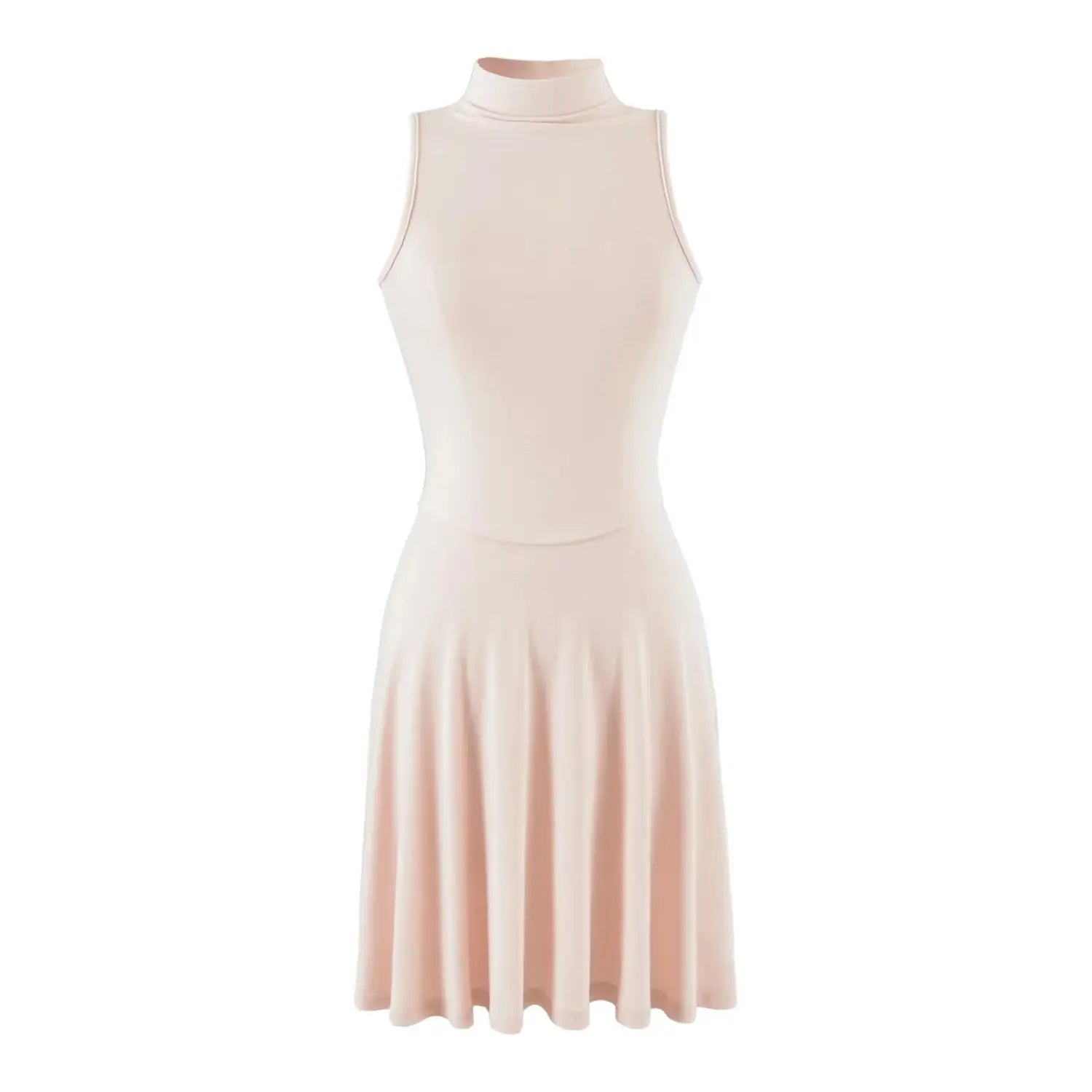 Pink high neck sleeveless skater dress front view, soft stretch jersey fit and flare dress