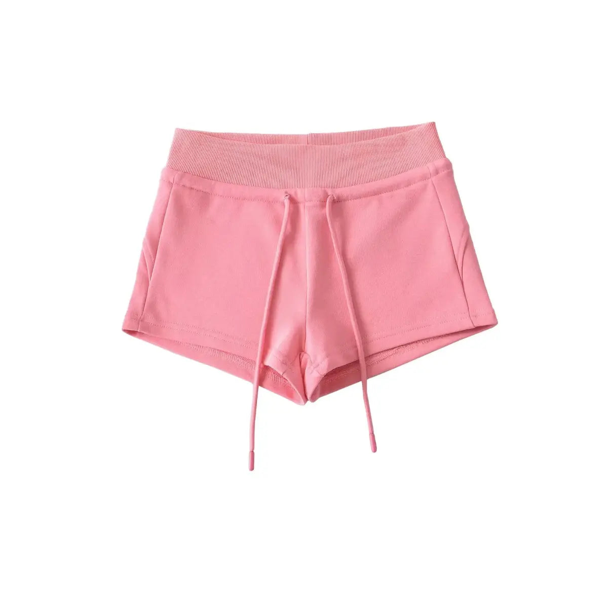 Flat lay view of pink high-waisted drawstring shorts, showing the full front design.