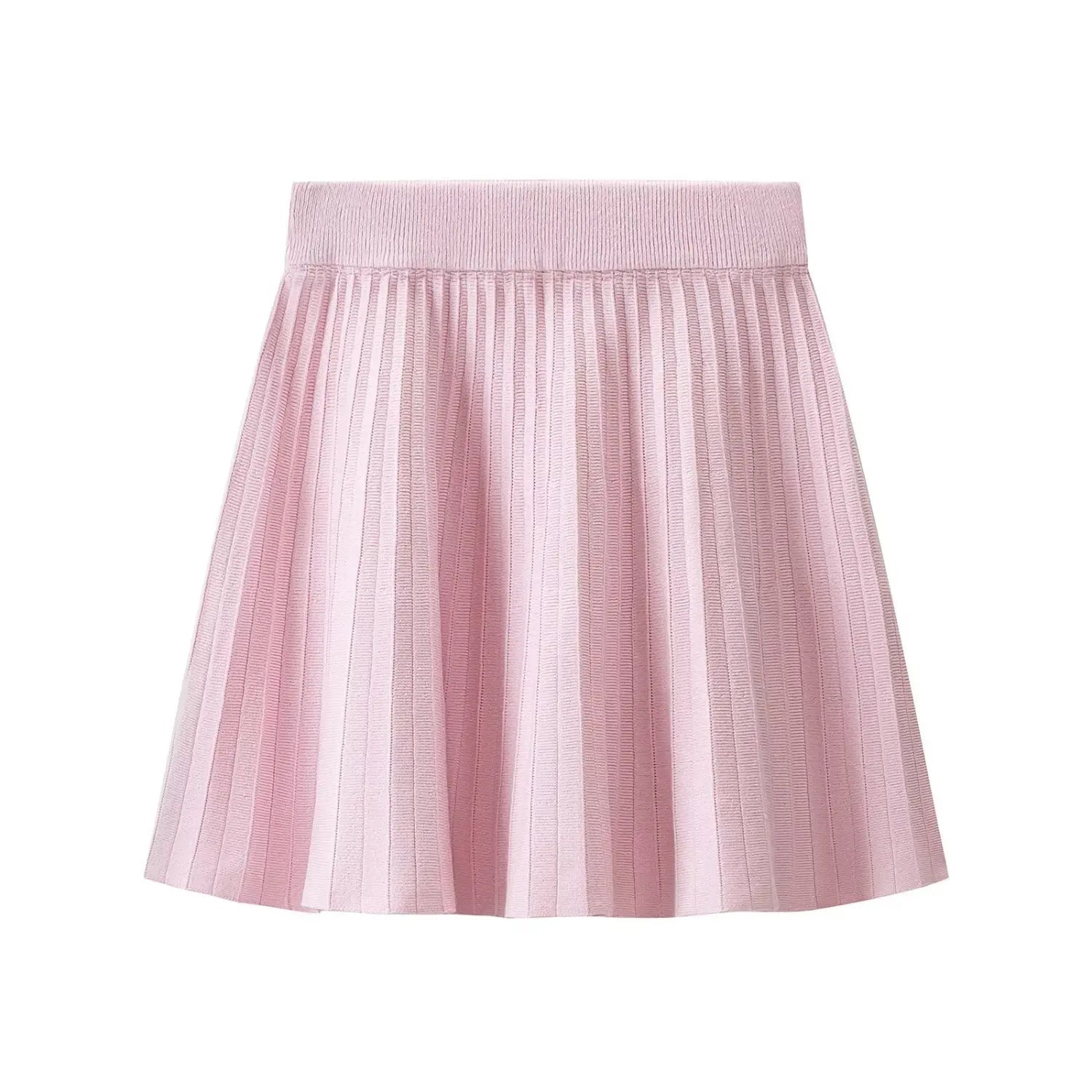 Front view pink high waist ribbed knit pleated mini skirt, full pleat silhouette on plain white background