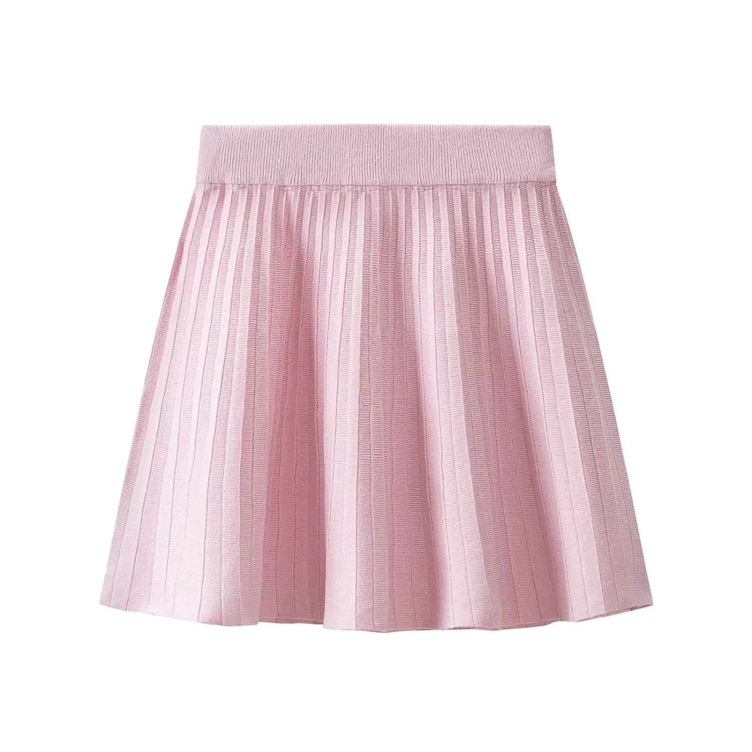 Alternate front shot pink ribbed knit pleated mini skirt, structured vertical pleats, isolated white background