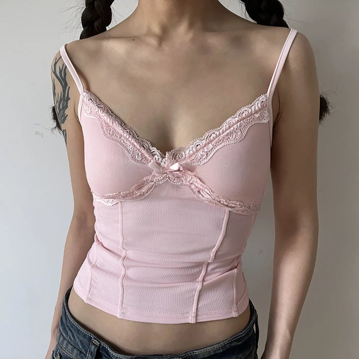 Daily outfit front wearing shot, sweet lace V neck, crisscross lace bust design, corset waist shaping slim cropped fit, matched with blue denim jeans