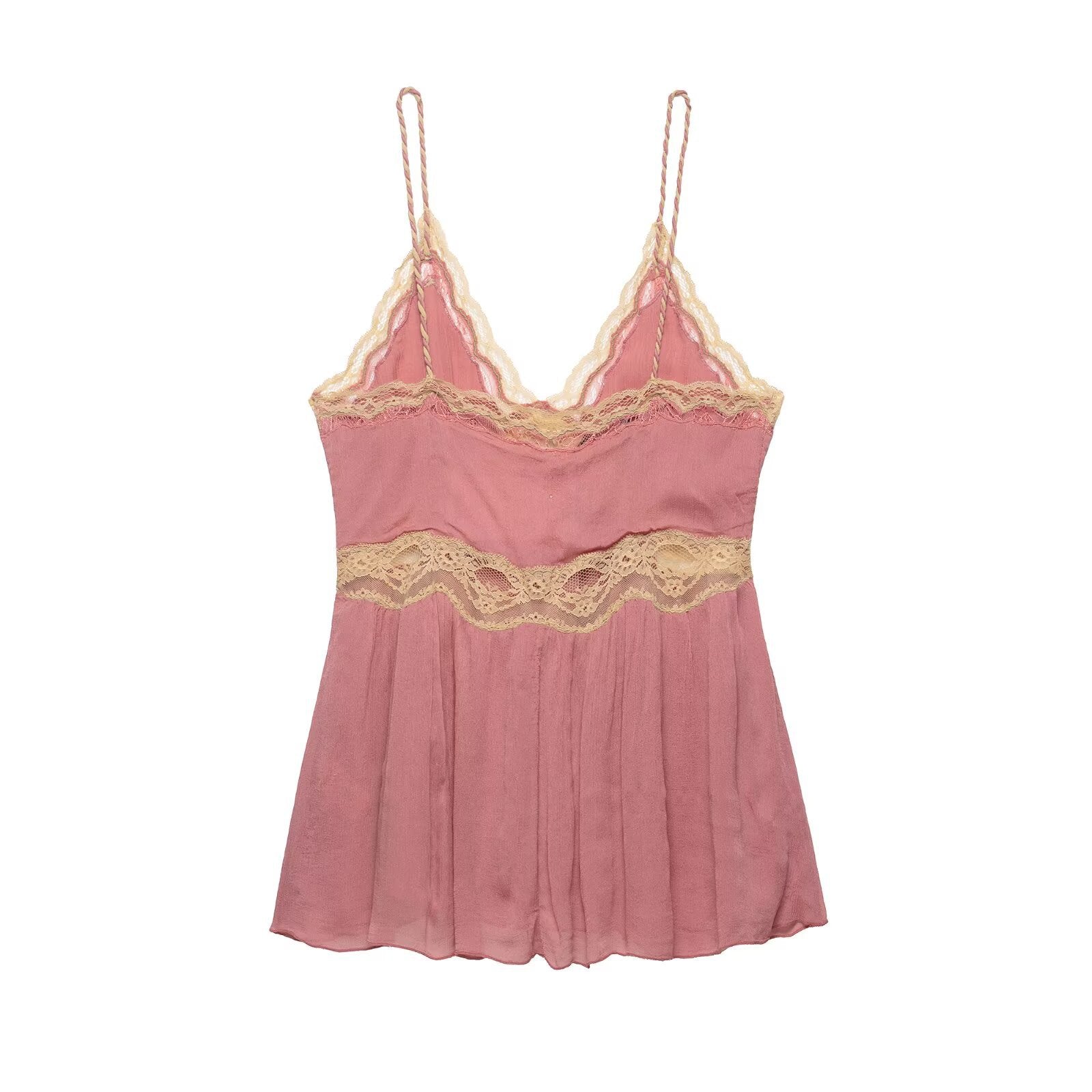 Back view of a pink peplum cami top with beige lace detailing at the waist and neckline.