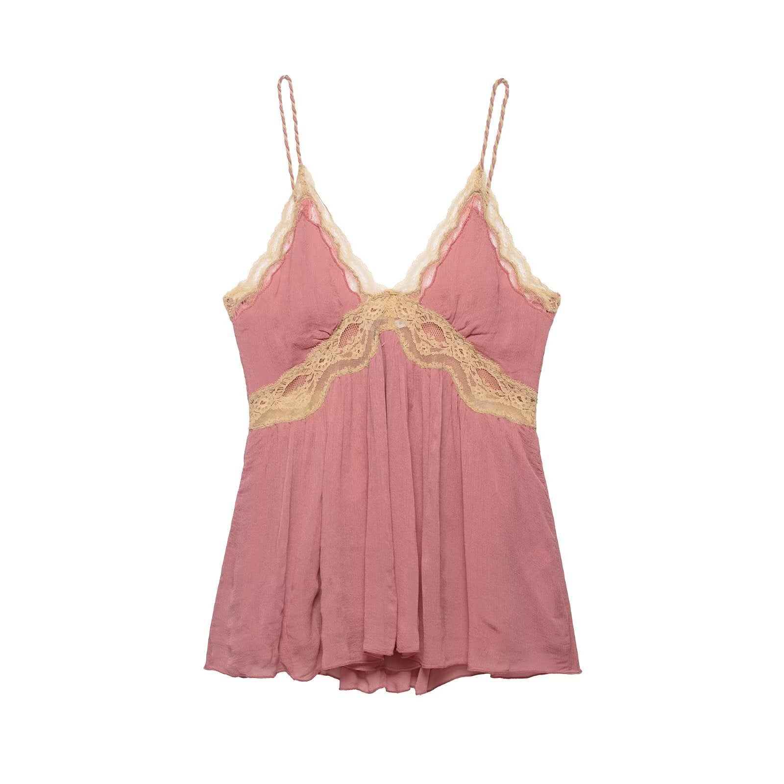 Front view of a pink peplum cami top with beige lace trim, V-neckline, and flowy hem.
