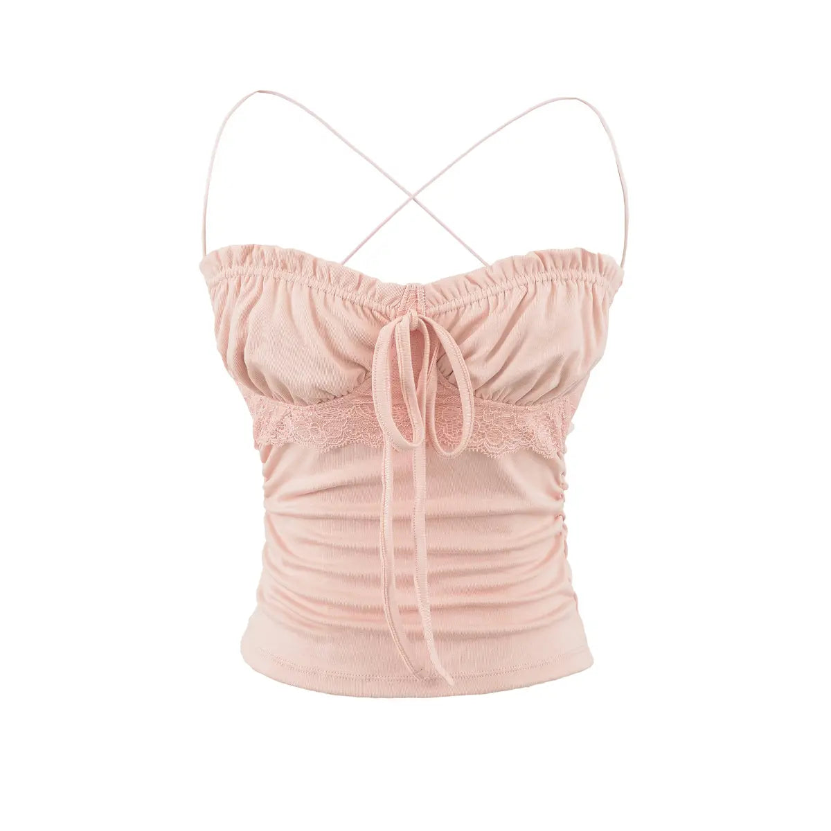 Studio shot of pink lace-trim cami top, featuring drawstring bust, lace waist and side ruching.