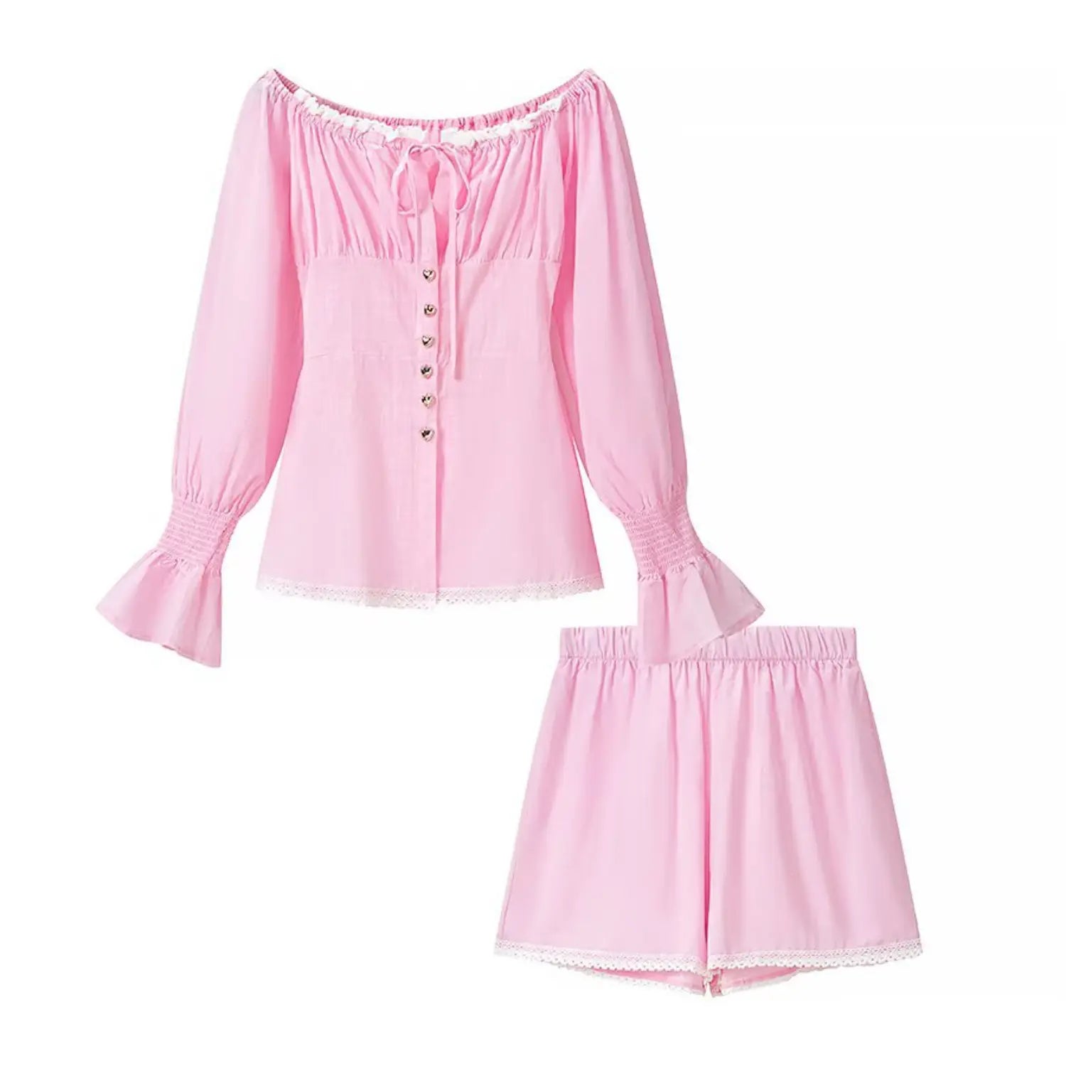 Full set flat lay main shot, baby pink off-shoulder long sleeve top + matching shorts, white lace hem trim, front heart metal buttons