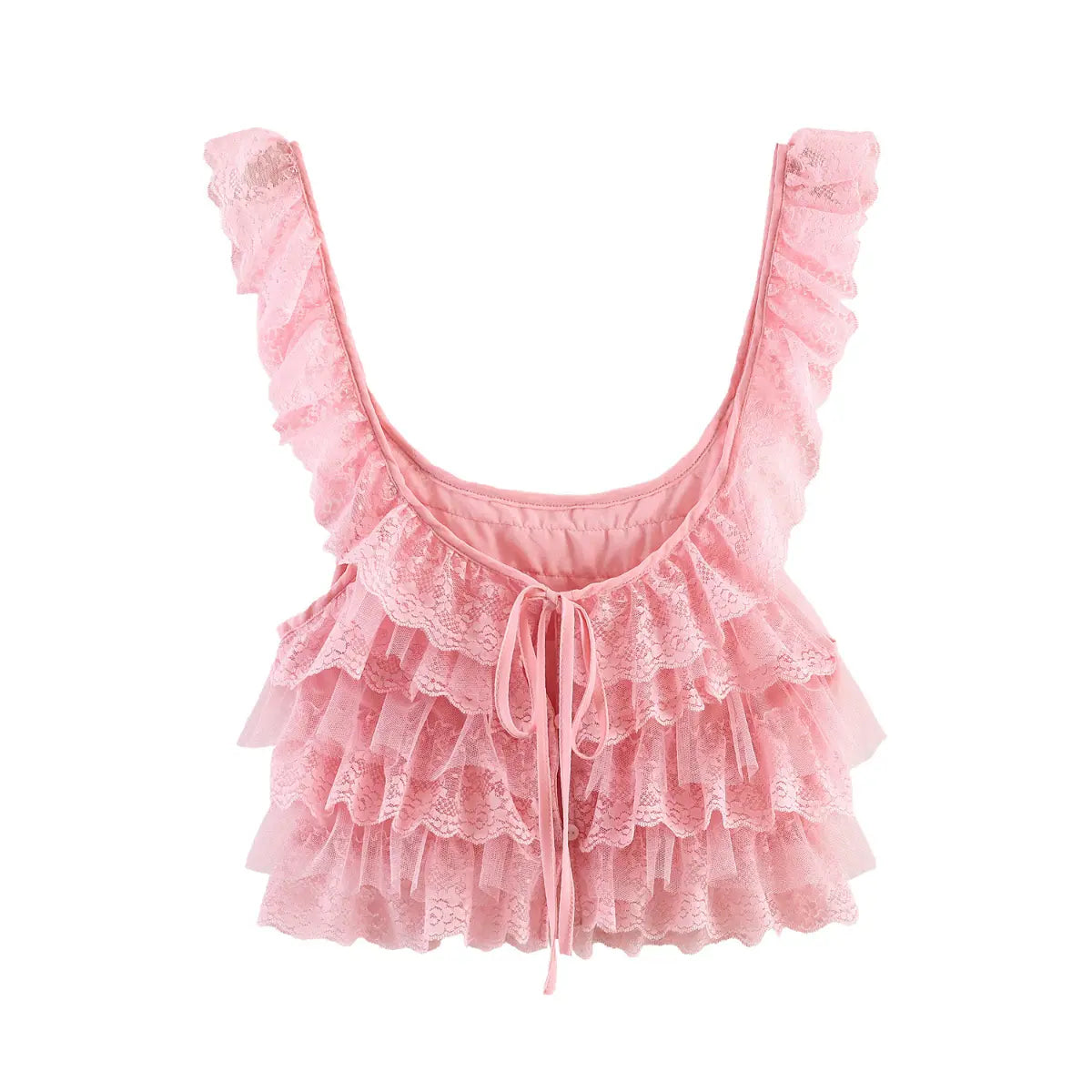 Front view of a light pink layered lace ruffle camisole with a U-neckline, lace straps, and a front tie detail, isolated on a white background.