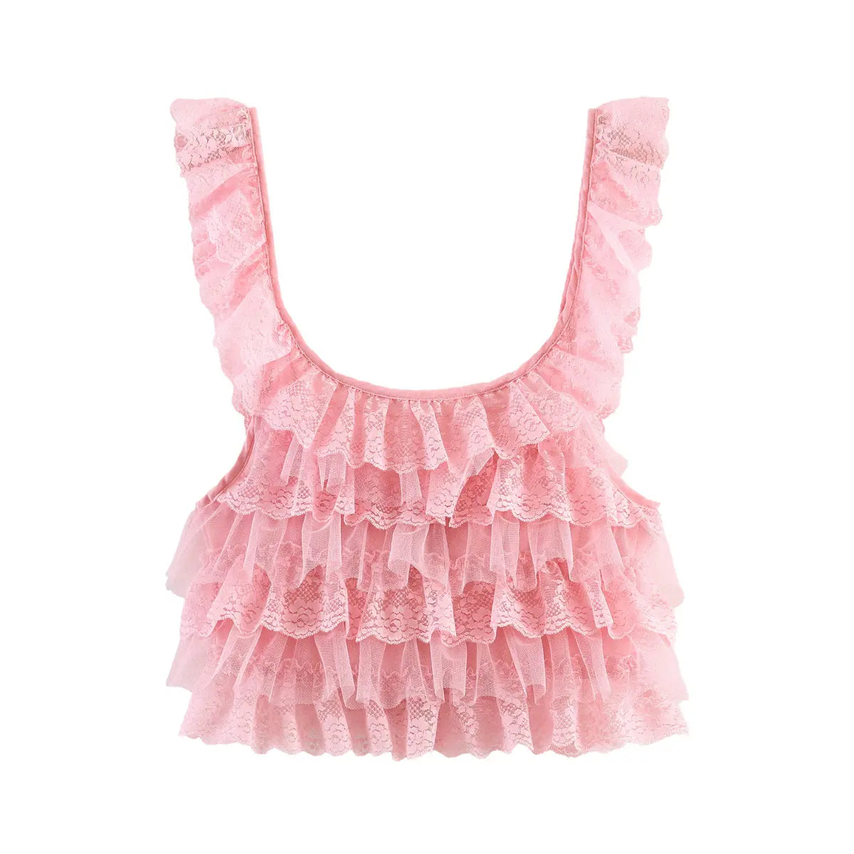 Front view of a light pink layered lace ruffle camisole with a U-neckline and lace straps, isolated on a white background.