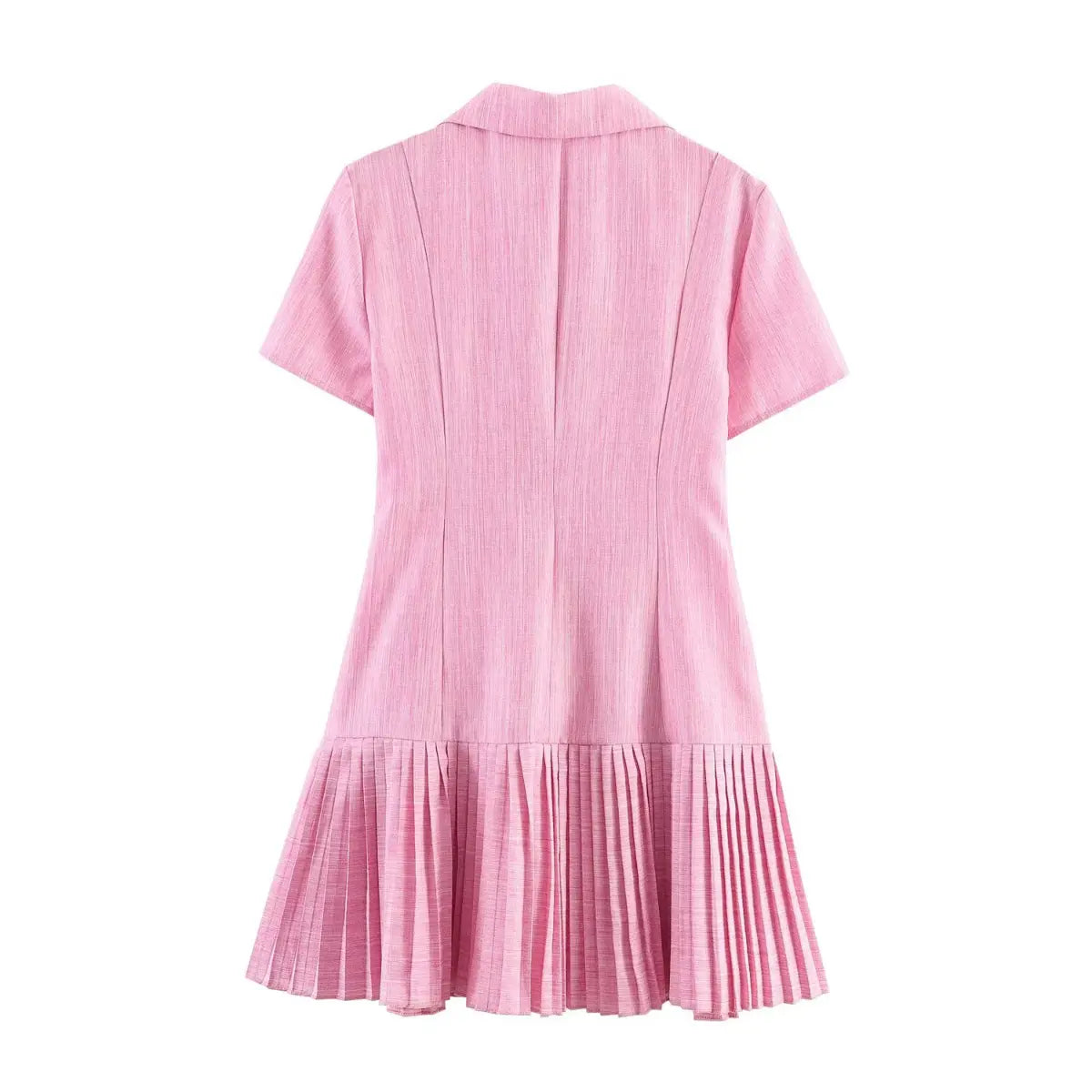  Full back flat view of a pink linen blazer dress, showing the vertical seams, structured back, and pleated hem.