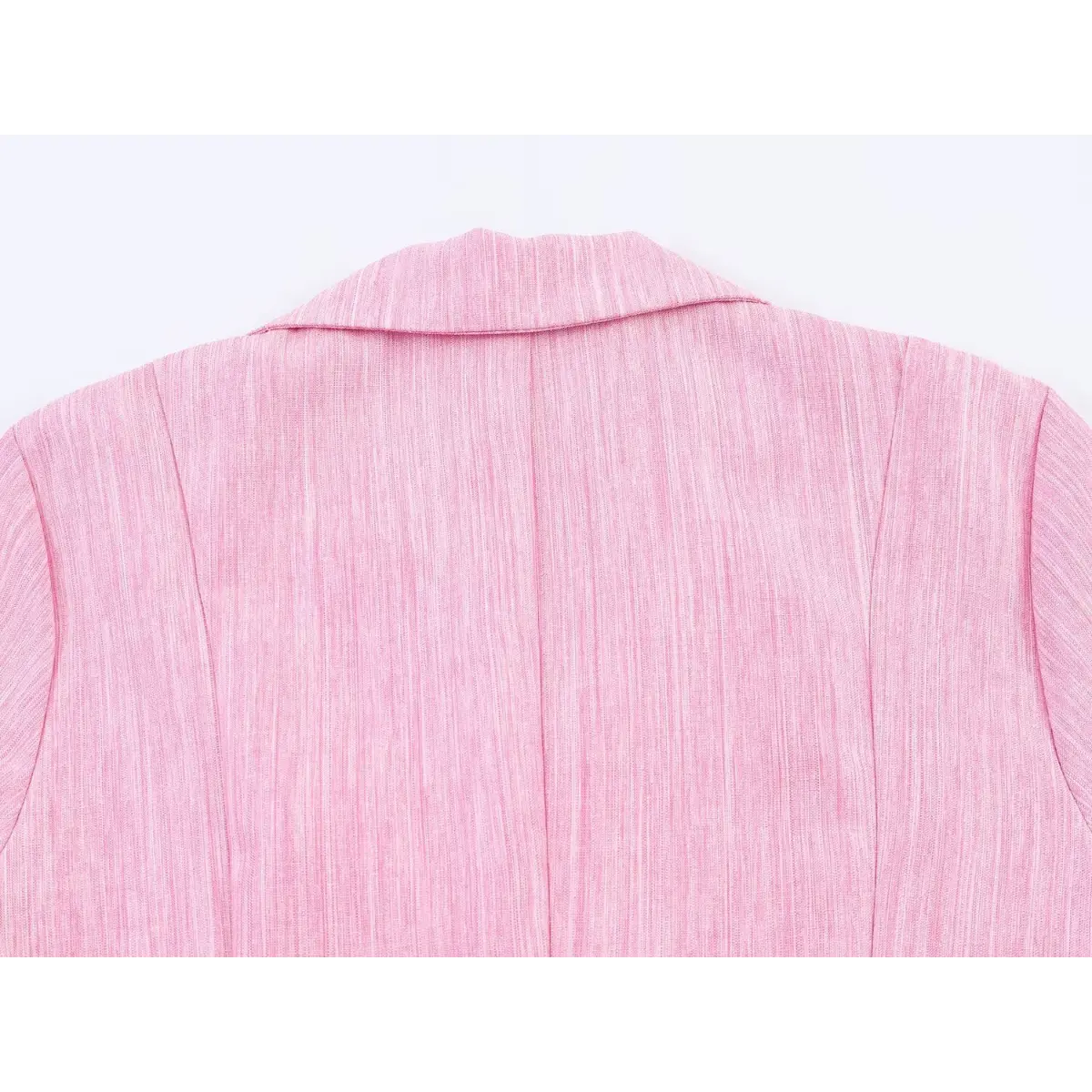 Full back view of a pink linen blazer dress, showing the vertical seams and structured shoulder line.