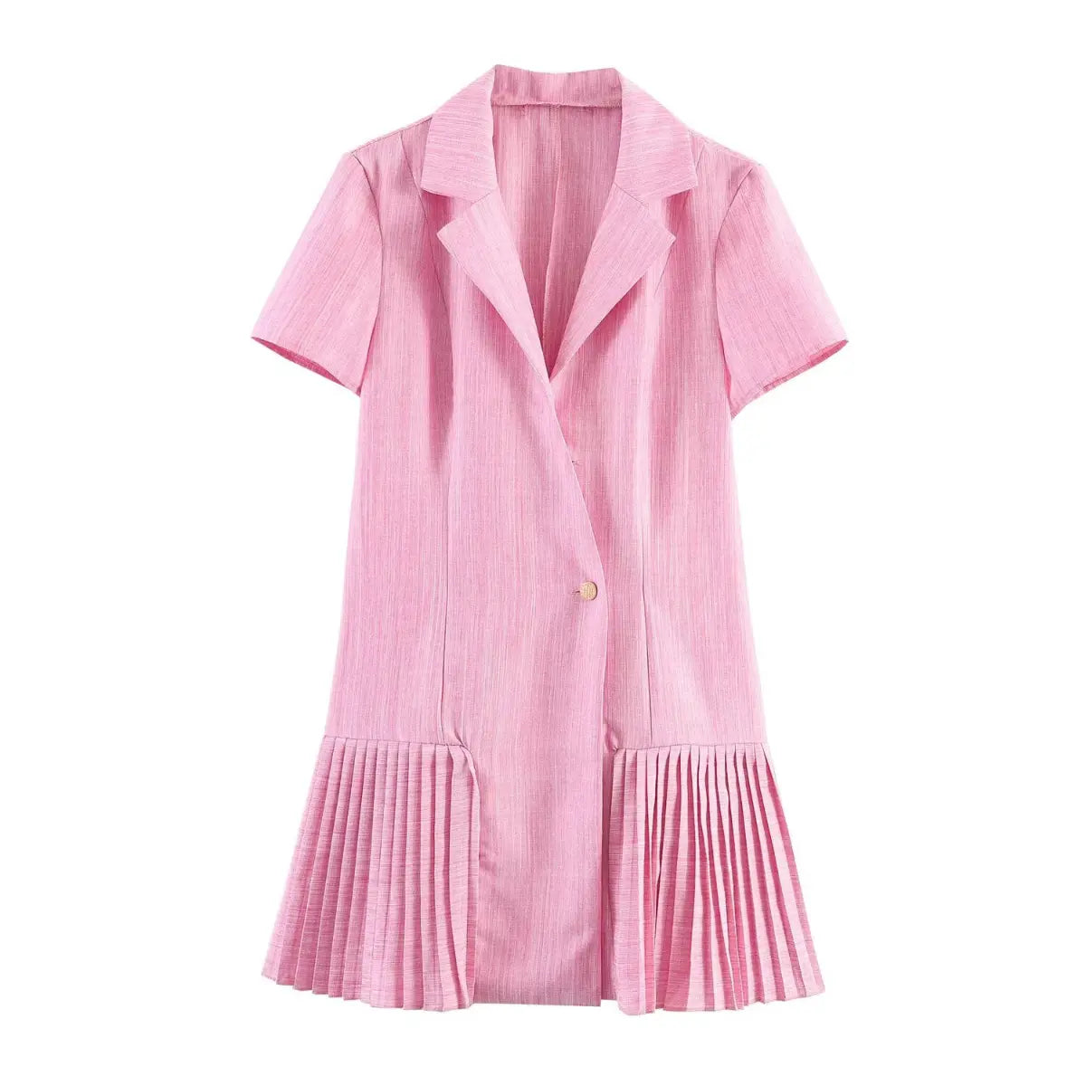 Full front flat view of a pink linen blazer dress with a single gold button, short sleeves, and pleated hem.